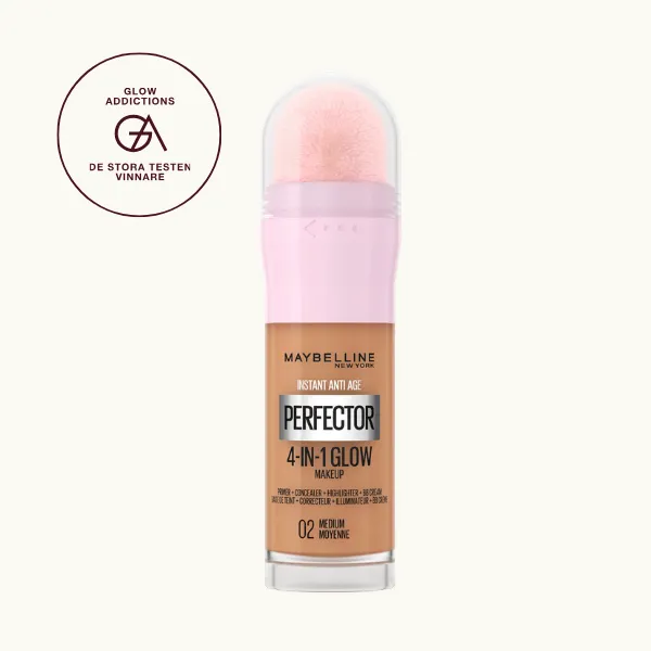Bäst i test CC-cream skin tints tinted moisturizers foundation: Maybelline Instant Perfector 4-in-1 Glow, som fick hela 4.50 av Glowaddictions testpanel. Bilden visar en beige flaska med genomskinligt lock och rosa applikator, där det står "Maybelline New York Instant Anti Age Perfector 4-in-1 Glow Makeup" och nyansen "00 Fair Light".
