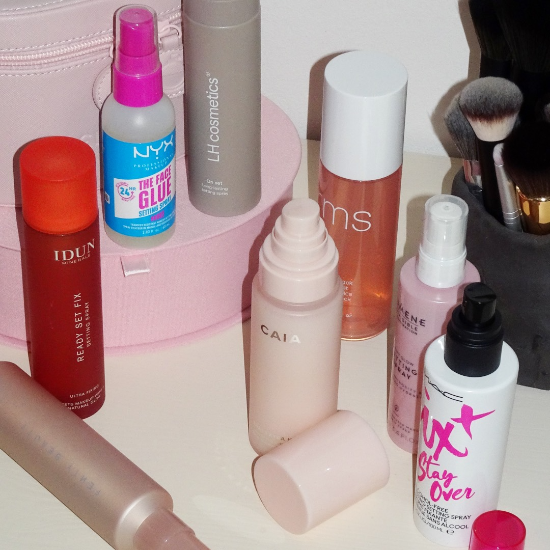 Setting spray test med 15 produkter, NYX Setting spray, LH cosmetics setting spray, CAIA setting spray, MAC Lumene