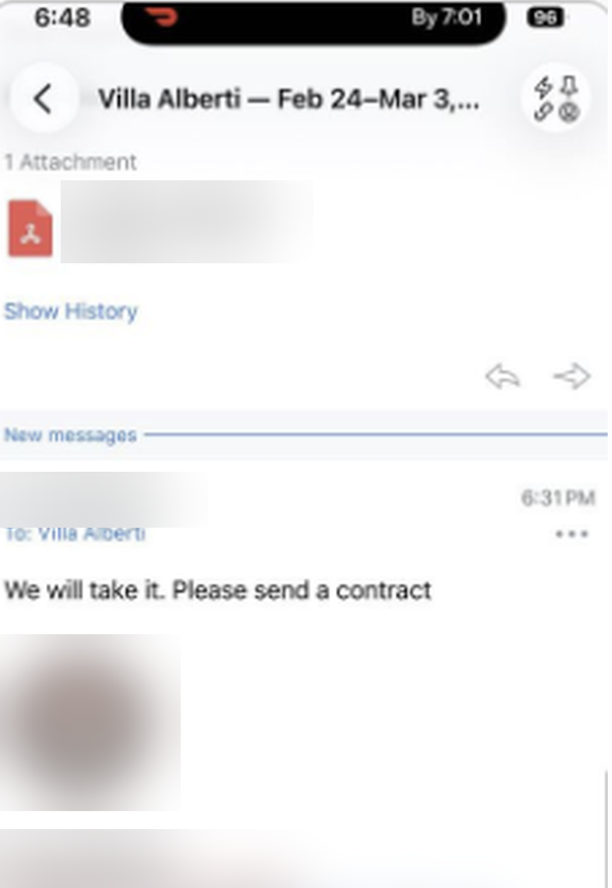 Email to Villa Alberti reading We will take it. Please send a contract, sender details redacted