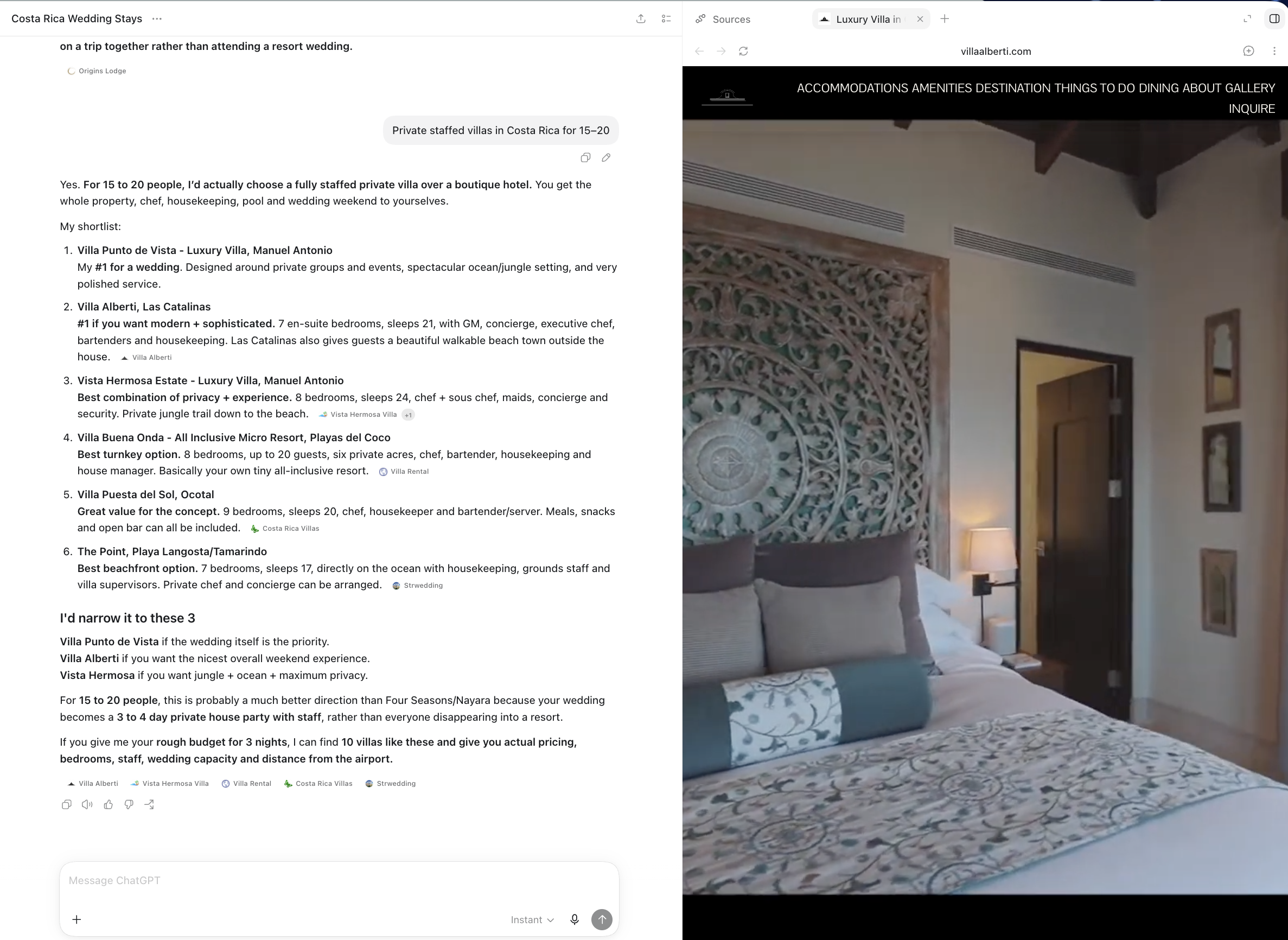 ChatGPT answer recommending private staffed villas in Costa Rica, with Villa Alberti named second and in the final three