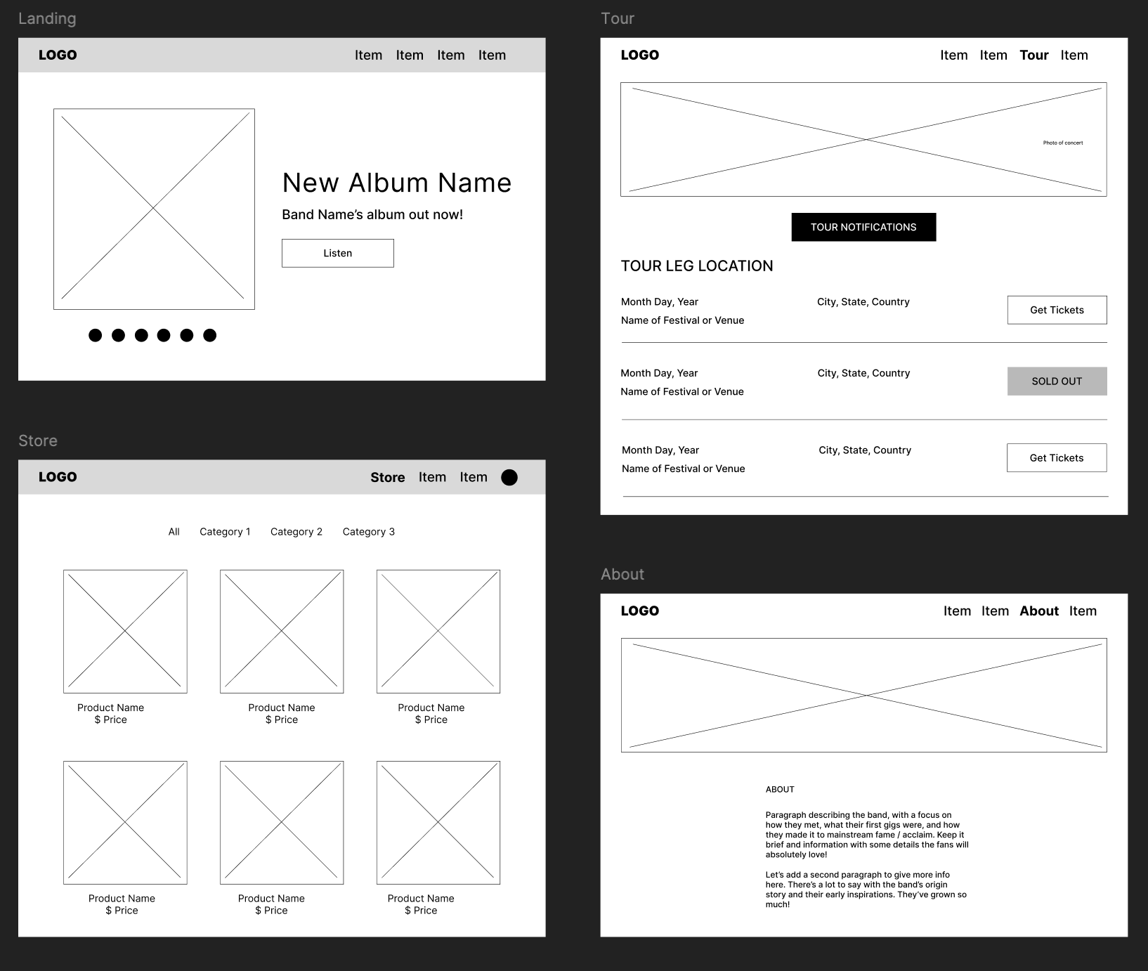 Low Fidelity views of Landing, Tour, Store, and About pages