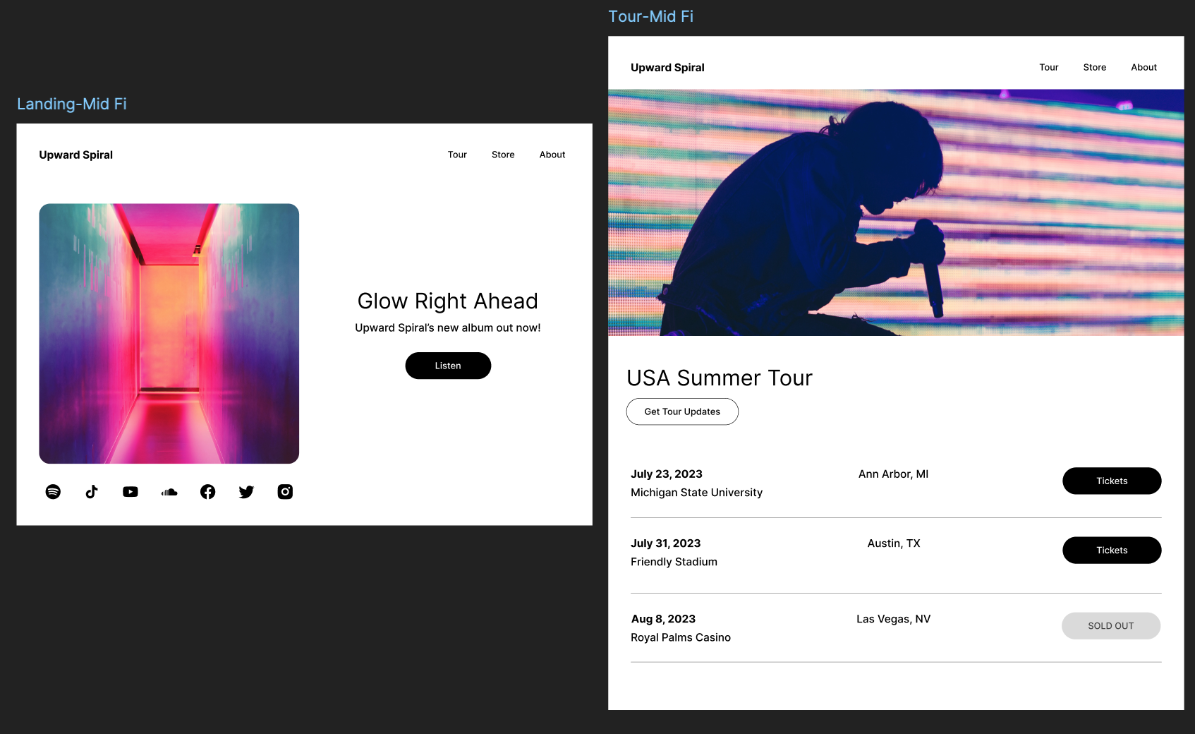 Mid Fidelity of Landing and Tour pages