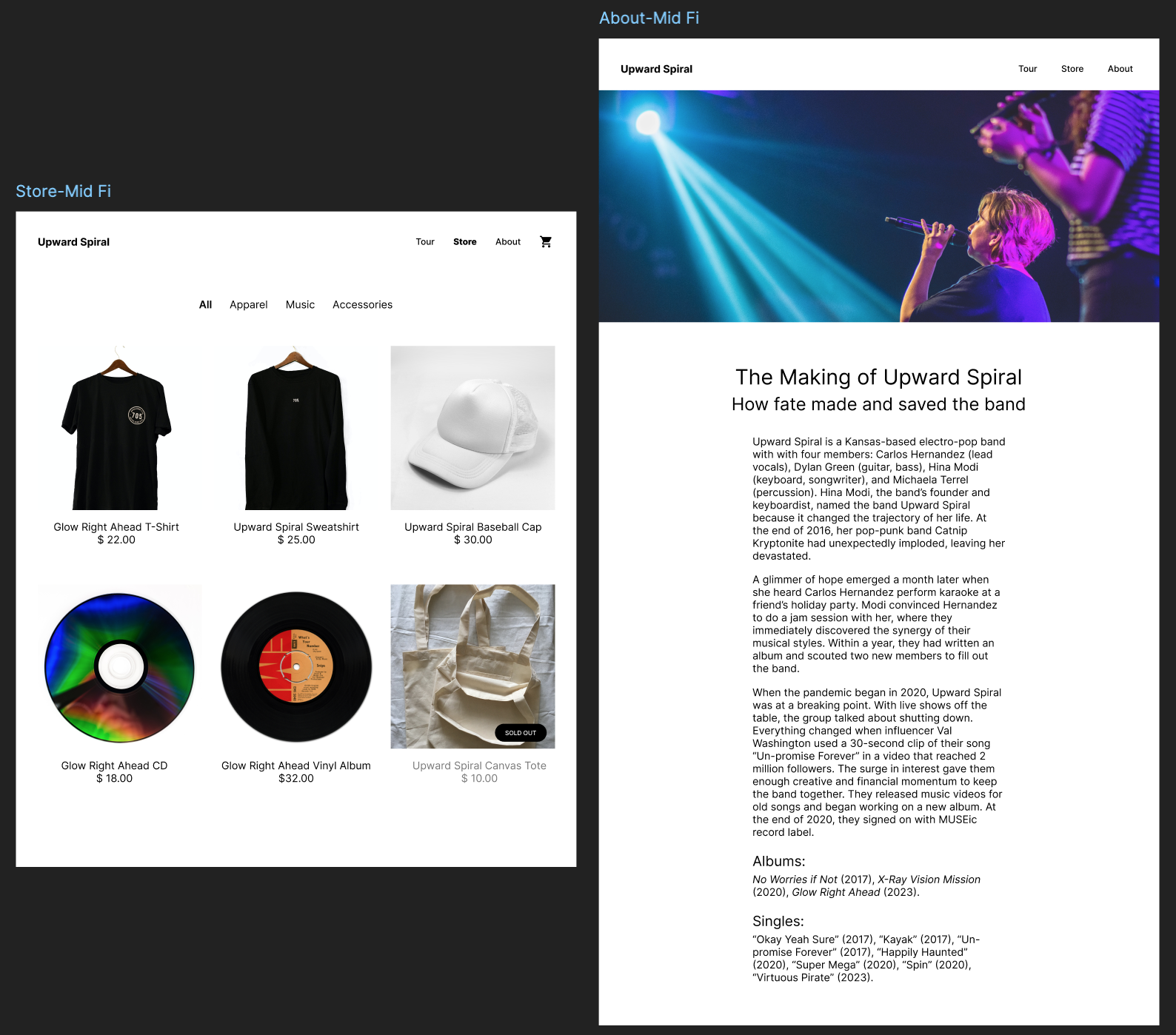 Mid Fidelity of Store and About pages