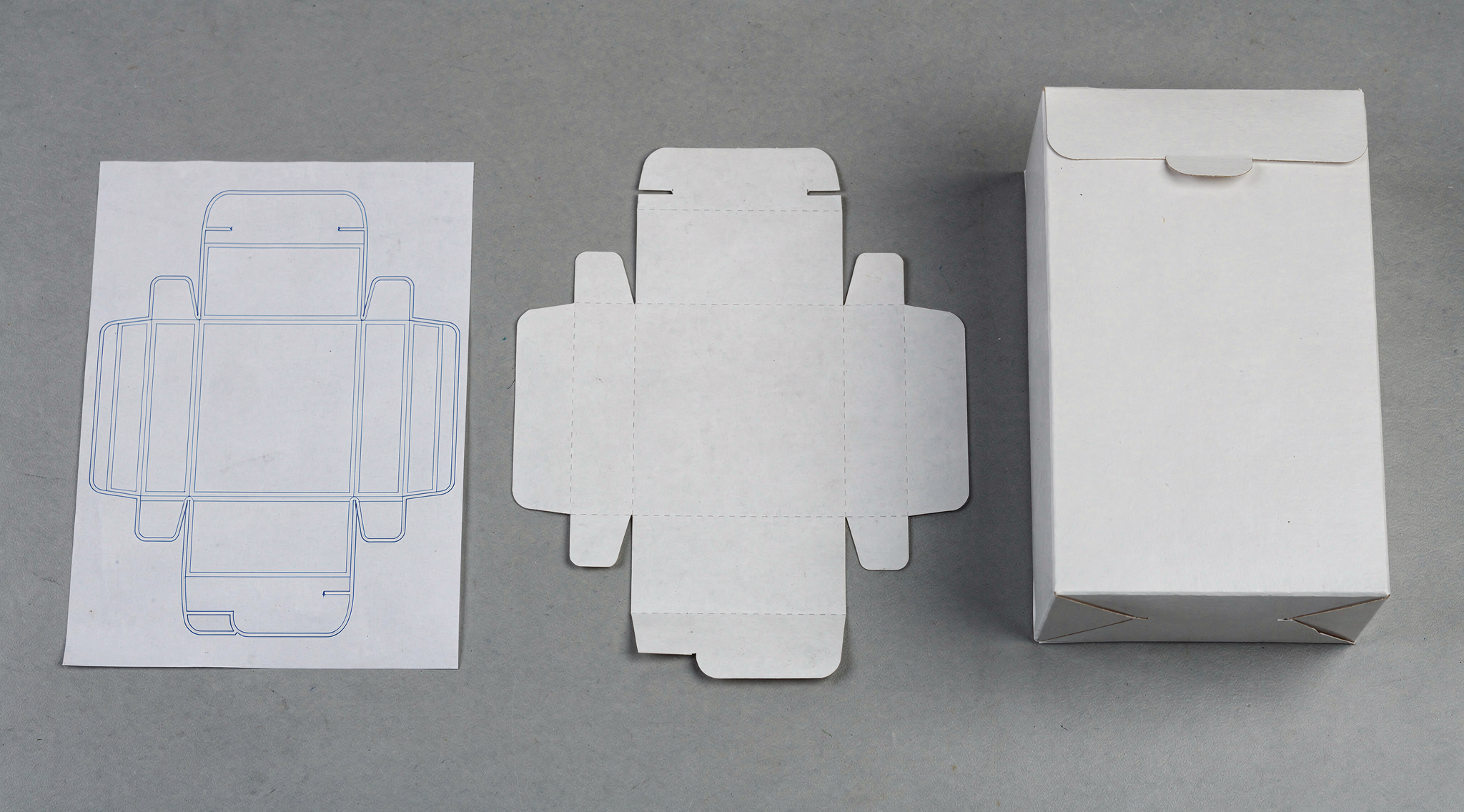 A packaging die line next to a flat lay and the folding carton white sample.