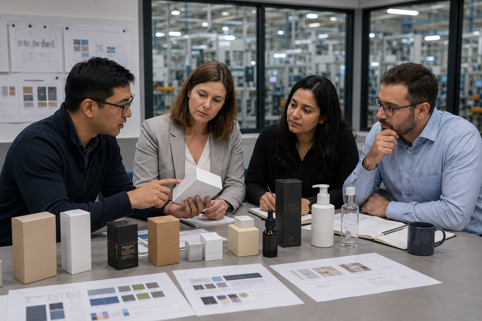 A brand team reviewing folding carton samples and finish swatches during the packaging procurement process, with a manufacturing facility visible through the window behind them.