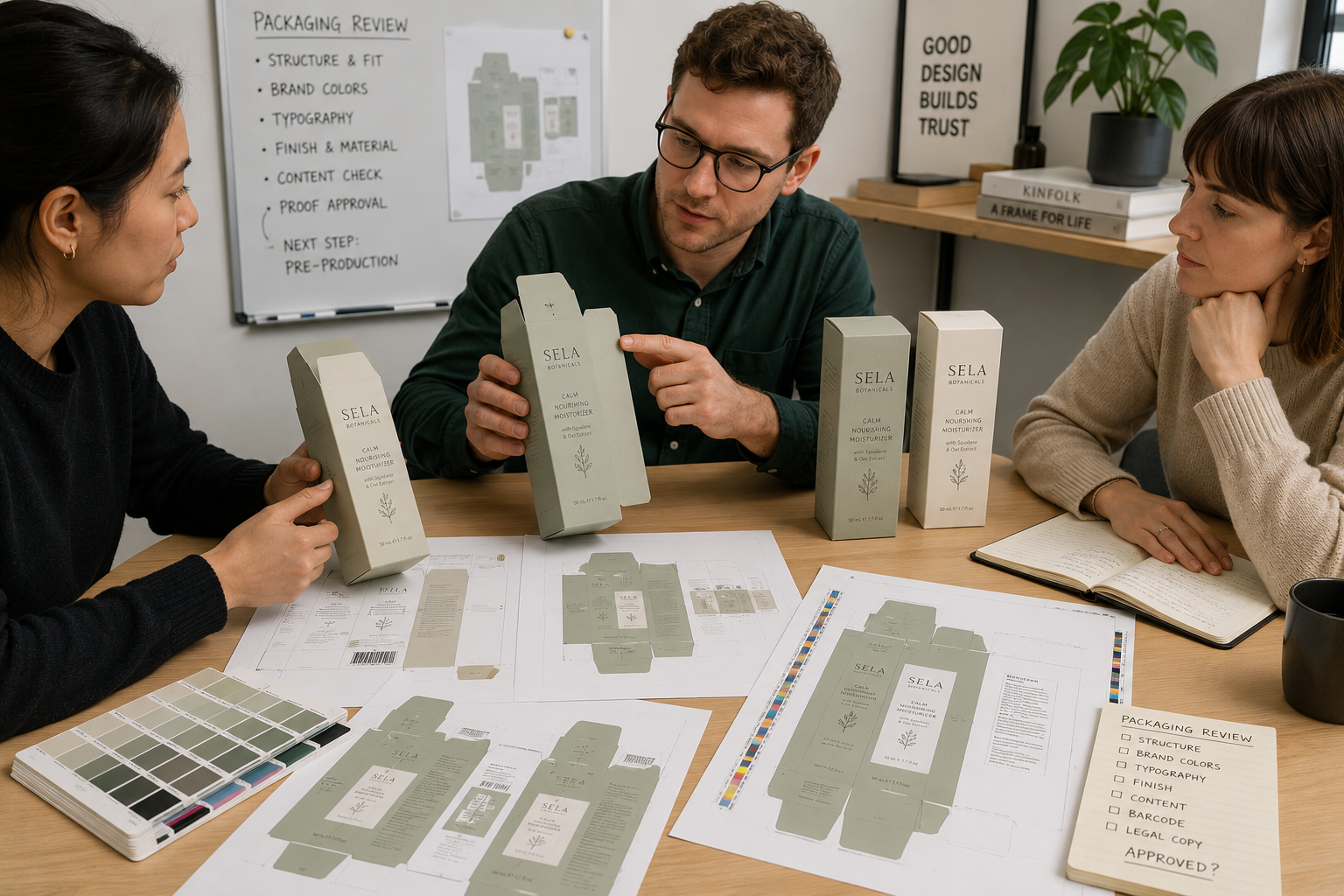 Brand packaging review session examining folding carton prototypes and press proofs before production approval.
