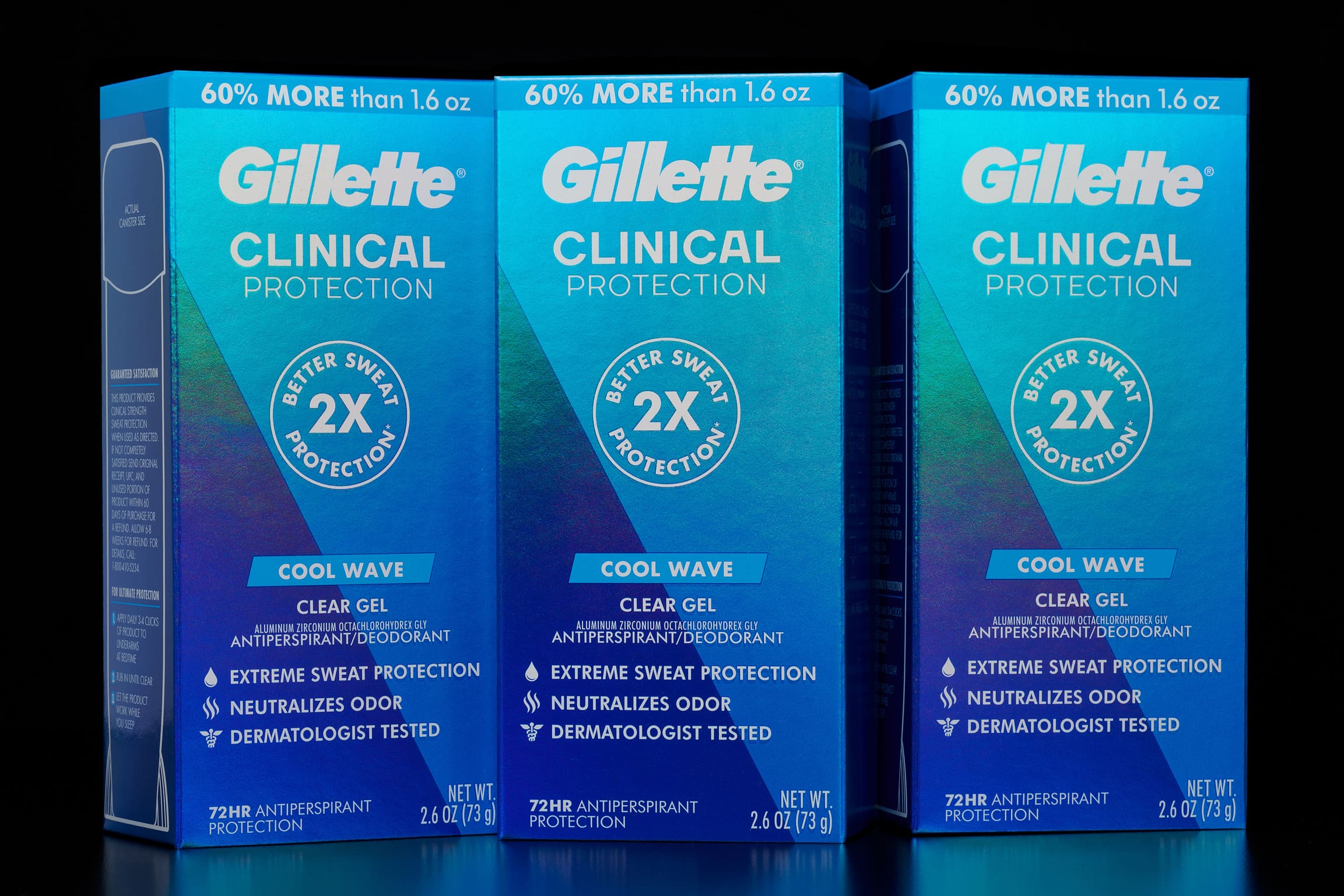 Three boxes of Gillette Clinical Protection Cool Wave antiperspirant on a black background.