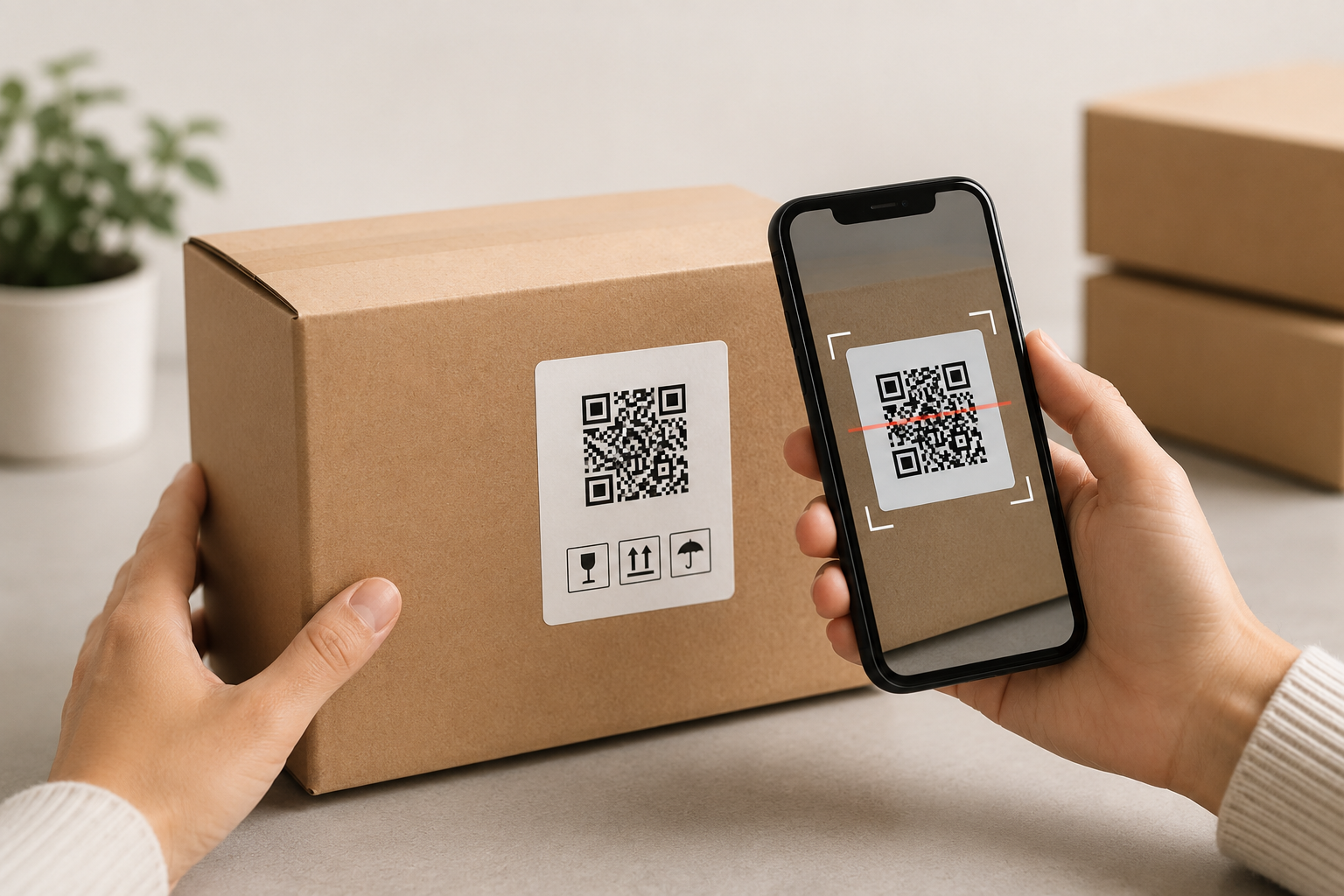 Person scanning a QR code on a cardboard package with a smartphone