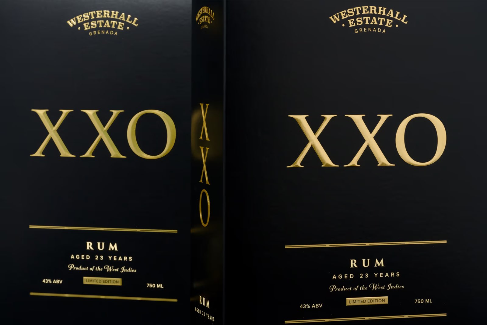 Westerhall Estate XXO limited edition rum carton in matte black with gold foil lettering, produced by Arkay.