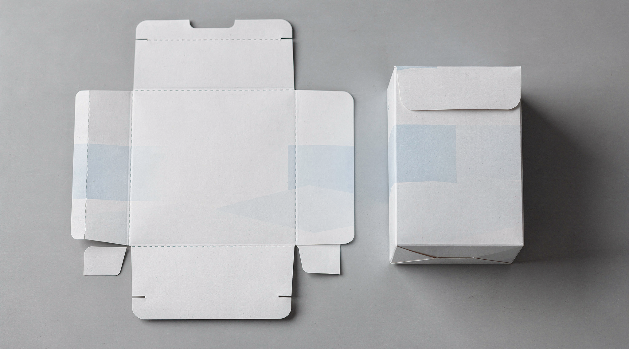 A flat printed paperboard carton blank with dashed crease lines and glue flap, laid beside the same carton folded into a finished box