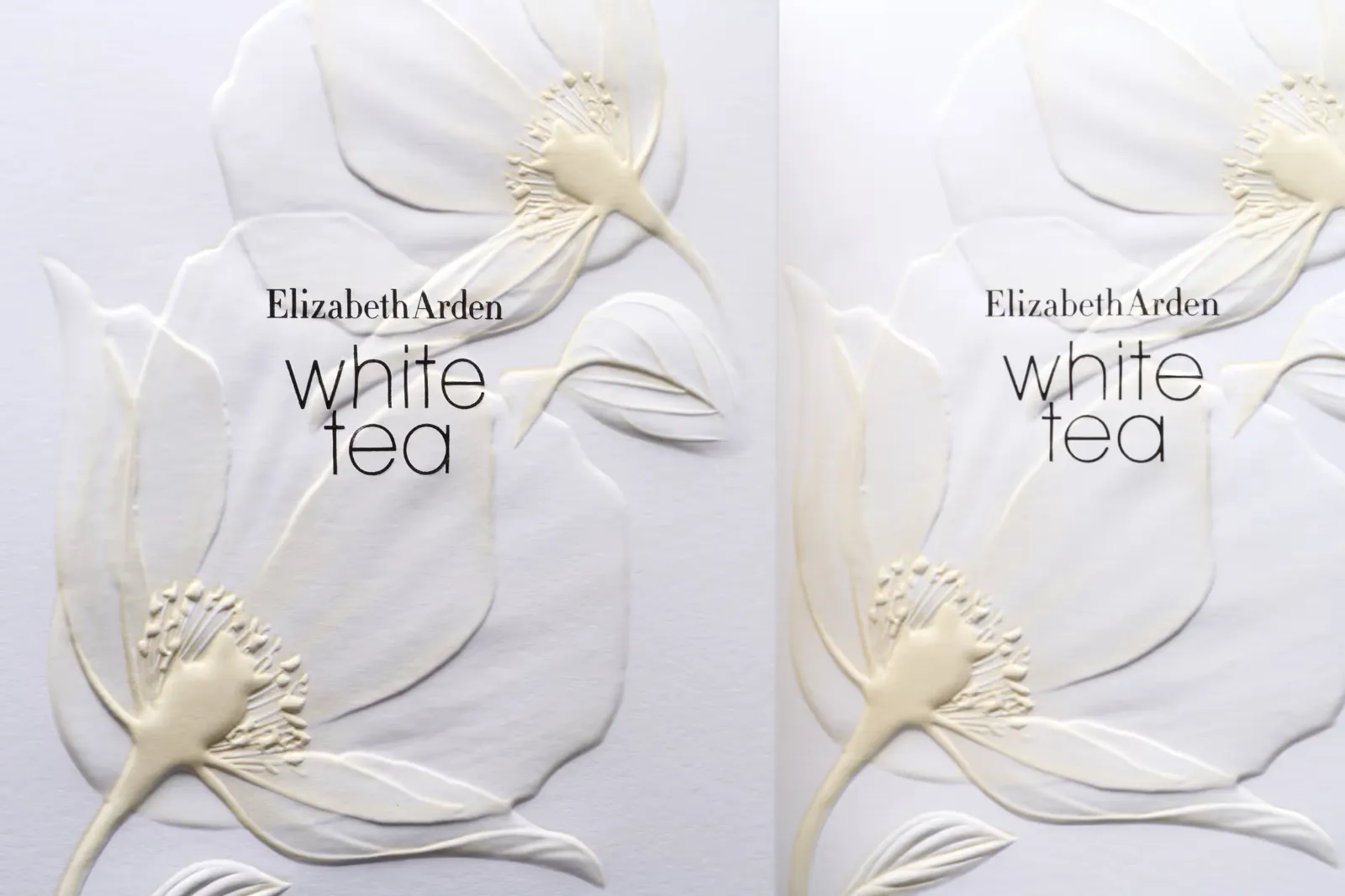 Elizabeth Arden White Tea carton with large sculpted embossed flowers raised from white paperboard