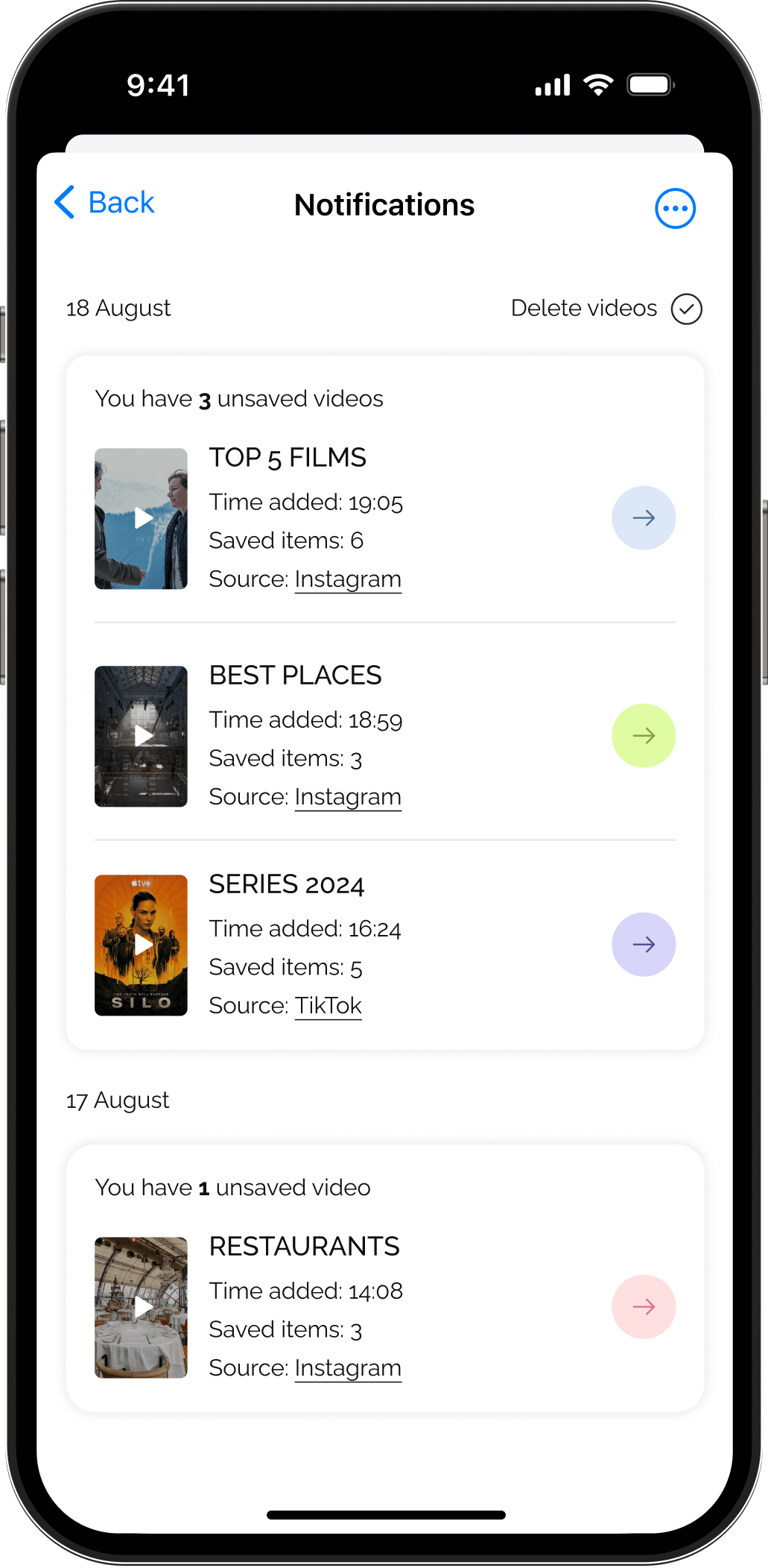 Recu App screen showing Notifications with unsaved videos listed by date, including TOP 5 FILMS, BEST PLACES, SERIES 2024, and RESTAURANTS with their time added, saved items, and source platforms Instagram and TikTok.