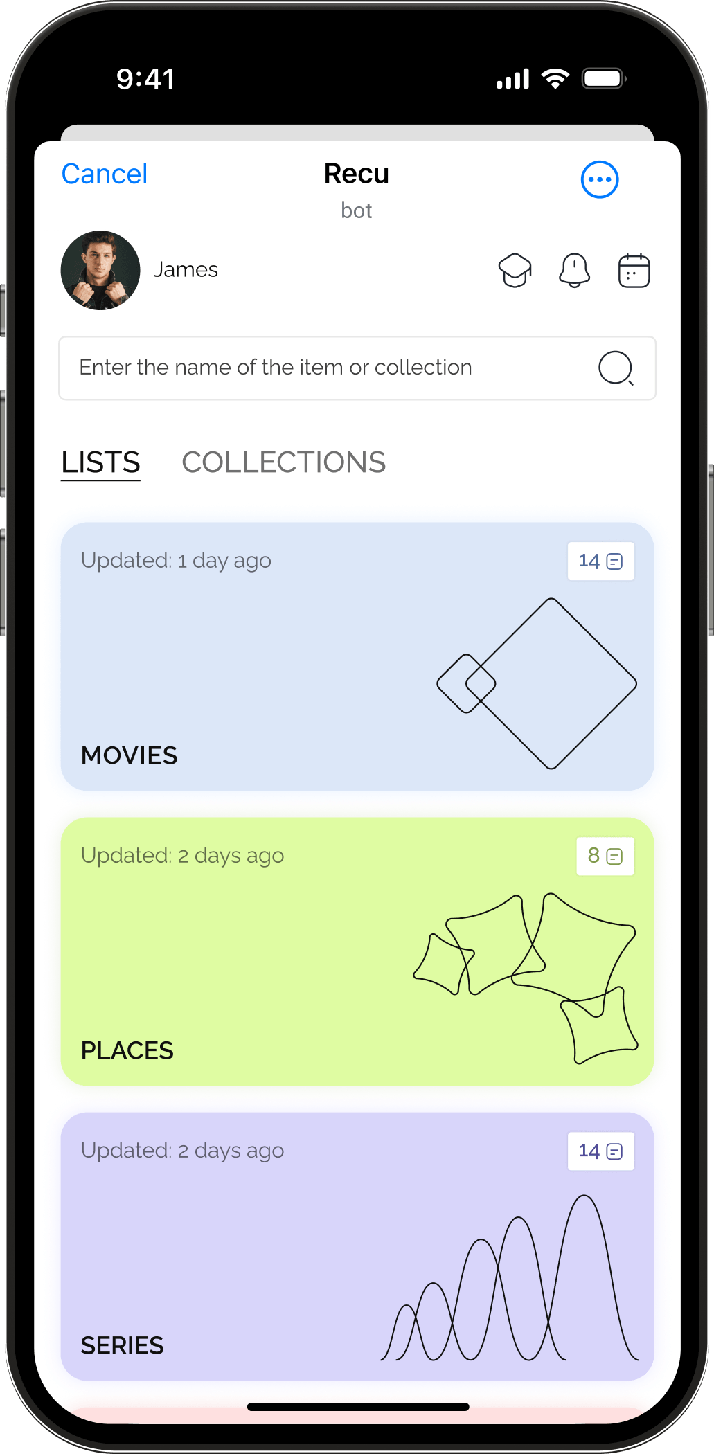 Recu App interface showing lists for Movies, Places, and Series with update timestamps and item counts.