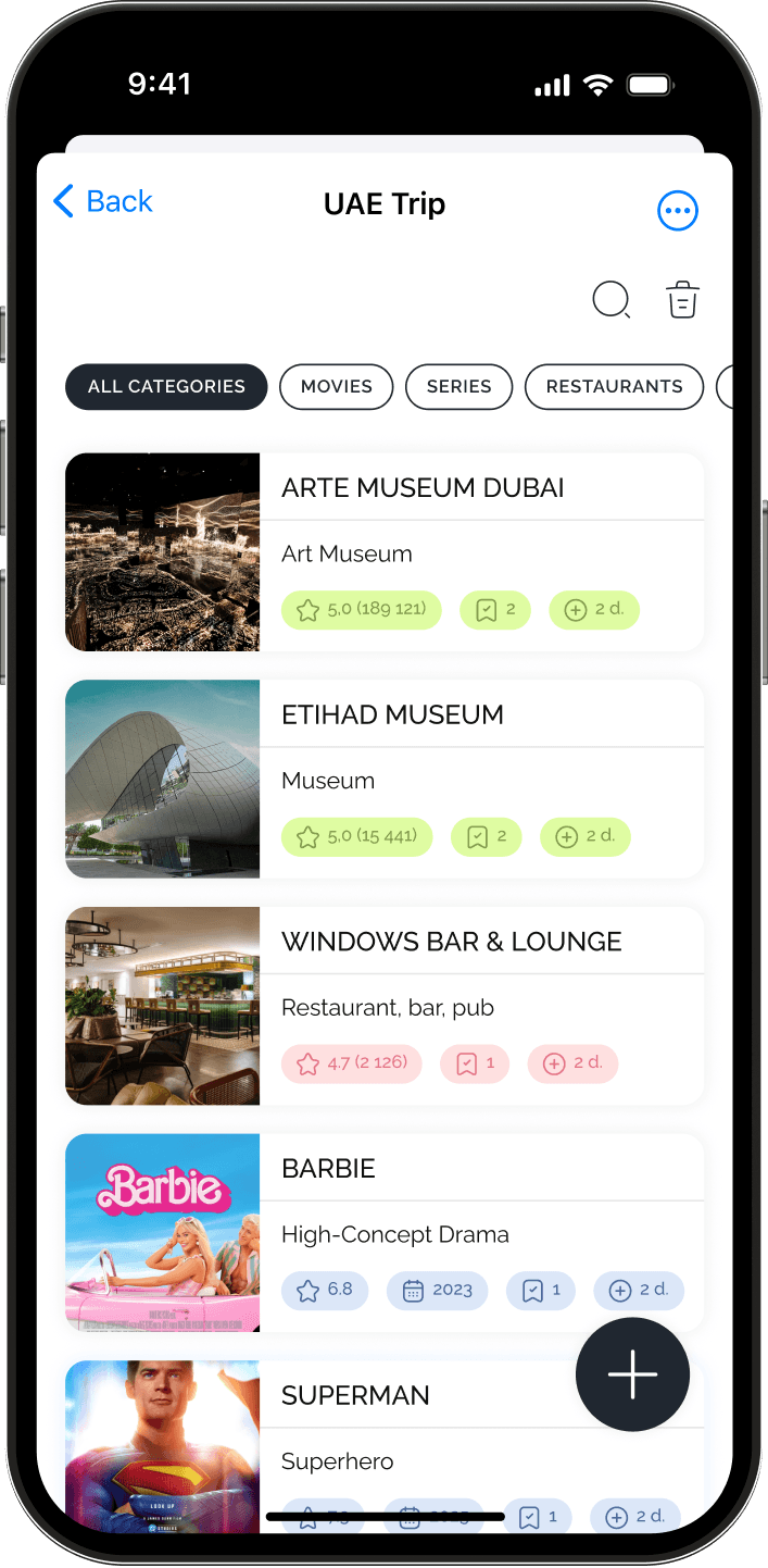 Recu App screen titled UAE Trip showing categories and a list including Arte Museum Dubai, Etihad Museum, Windows Bar & Lounge, Barbie movie, and Superman movie with ratings and icons.