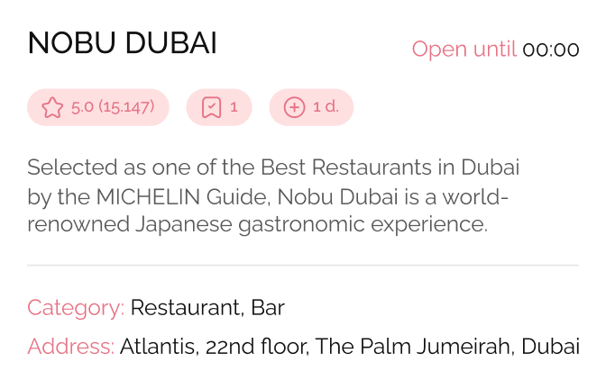 Recu App Interface showing Nobu Dubai restaurant card