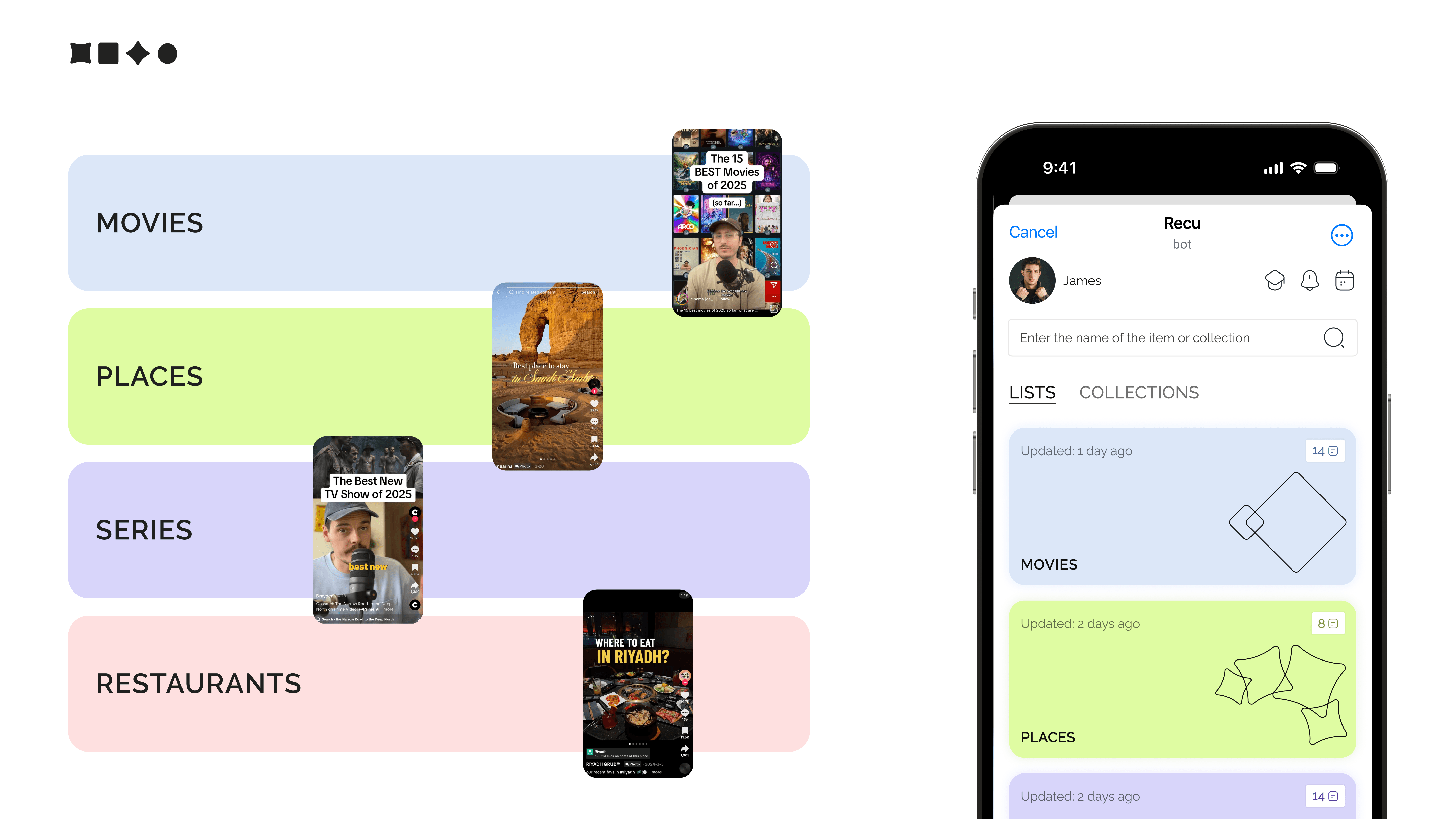 Mobile app interface showing categorized lists for movies, places, series, and restaurants with colorful labels and thumbnail images for each category.