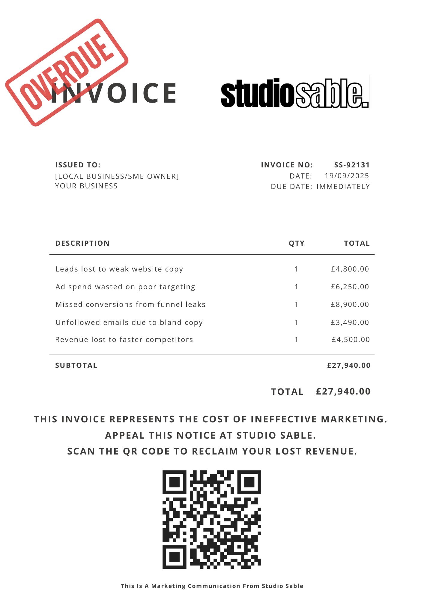 Studio Sable marketing invoice showing the cost of missed sales.