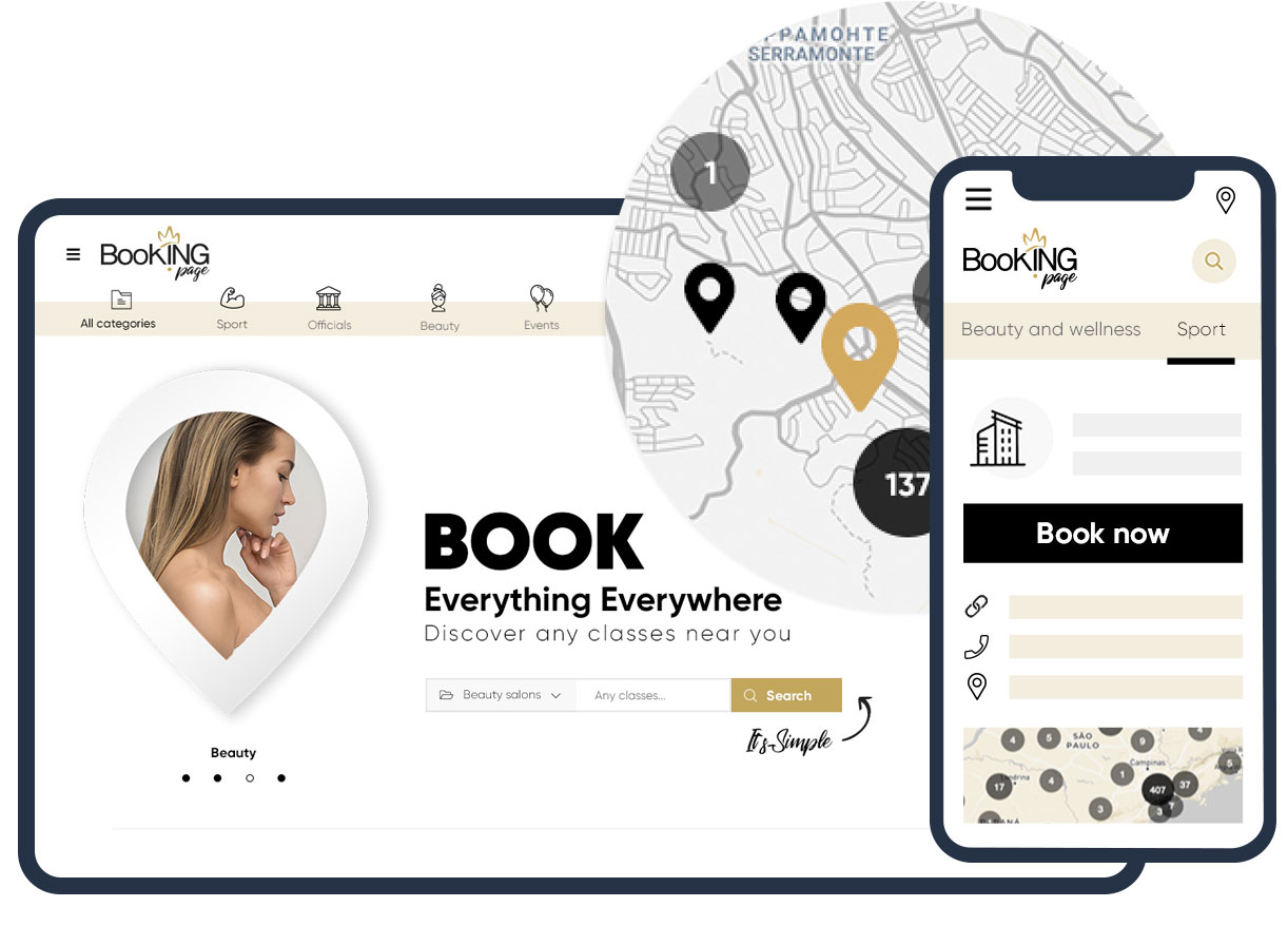 Booking webpage and mobile app interface showing options to book beauty salons and sport classes with a profile image, search bar, map with location pins, and a book now button.