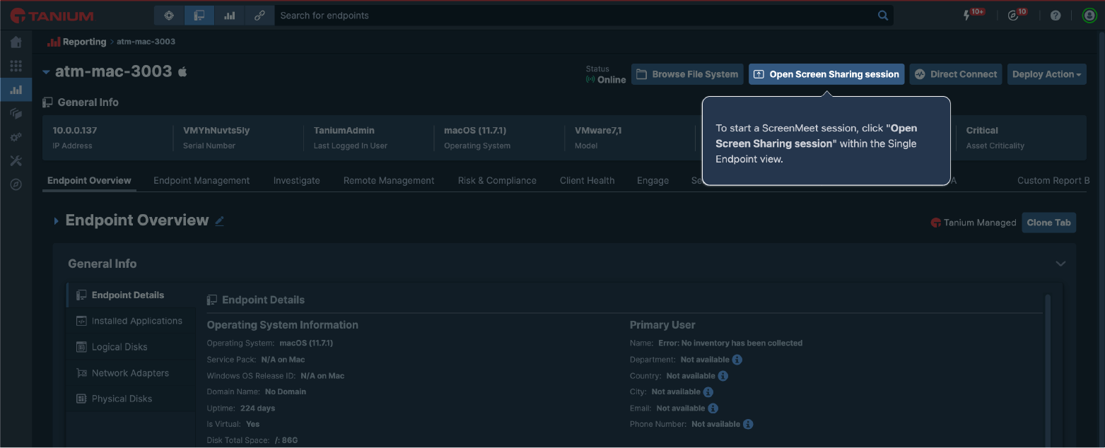 Screenshot of a Tanium interface showing endpoint details for “atm-mac-3003,” with a highlighted tooltip guiding users to click “Open Screen Sharing session” in the Single Endpoint view.