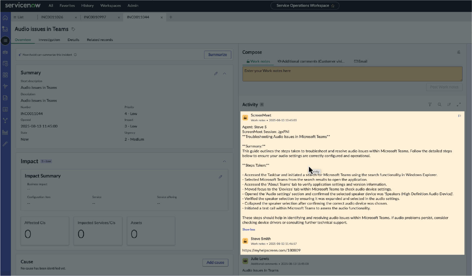 ServiceNow incident view showing detailed ScreenMeet work notes summarizing troubleshooting steps for a VPN connection issue.