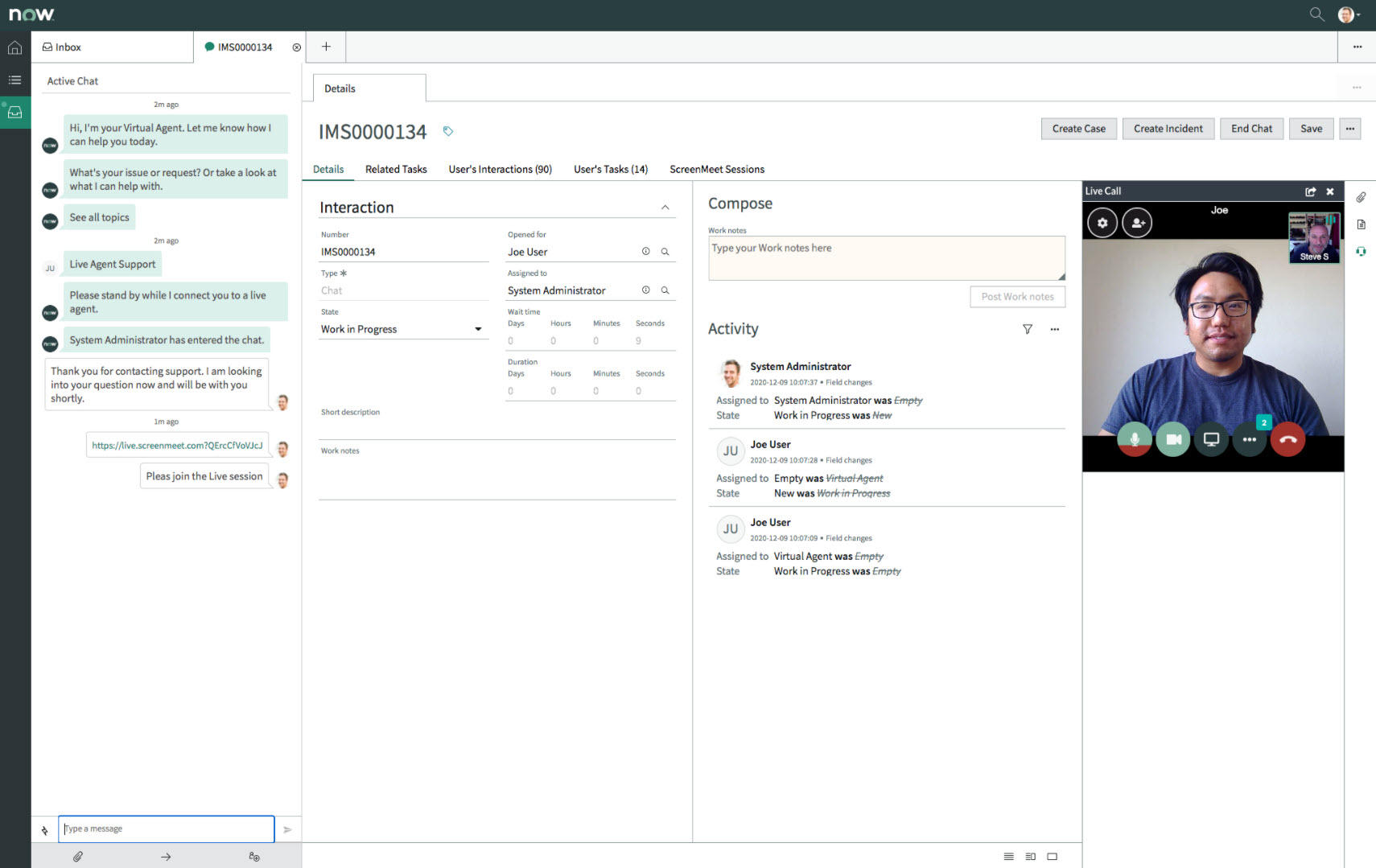 ServiceNow support interface with virtual agent chat, live agent takeover, and video call session in progress with user and support rep.