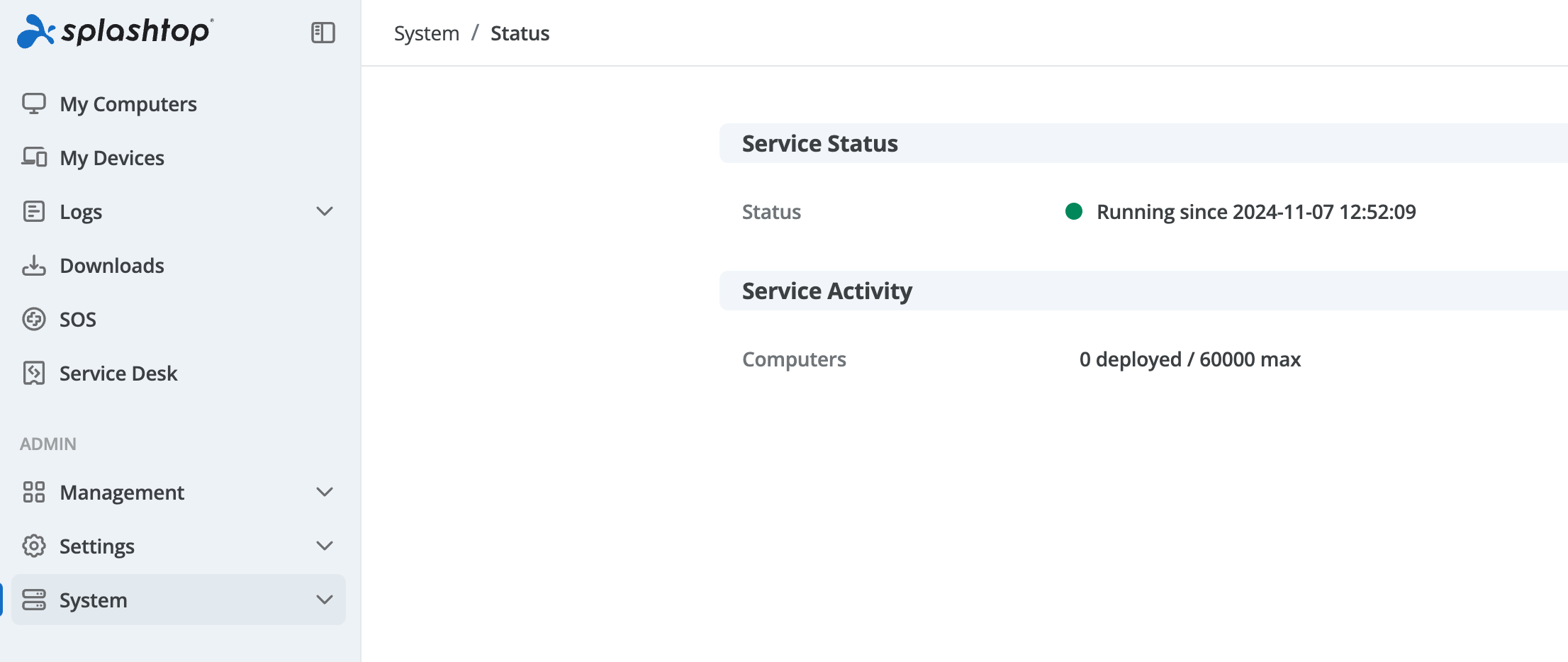 Splashtop dashboard showing system status as running and zero computers deployed out of 60,000 maximum.