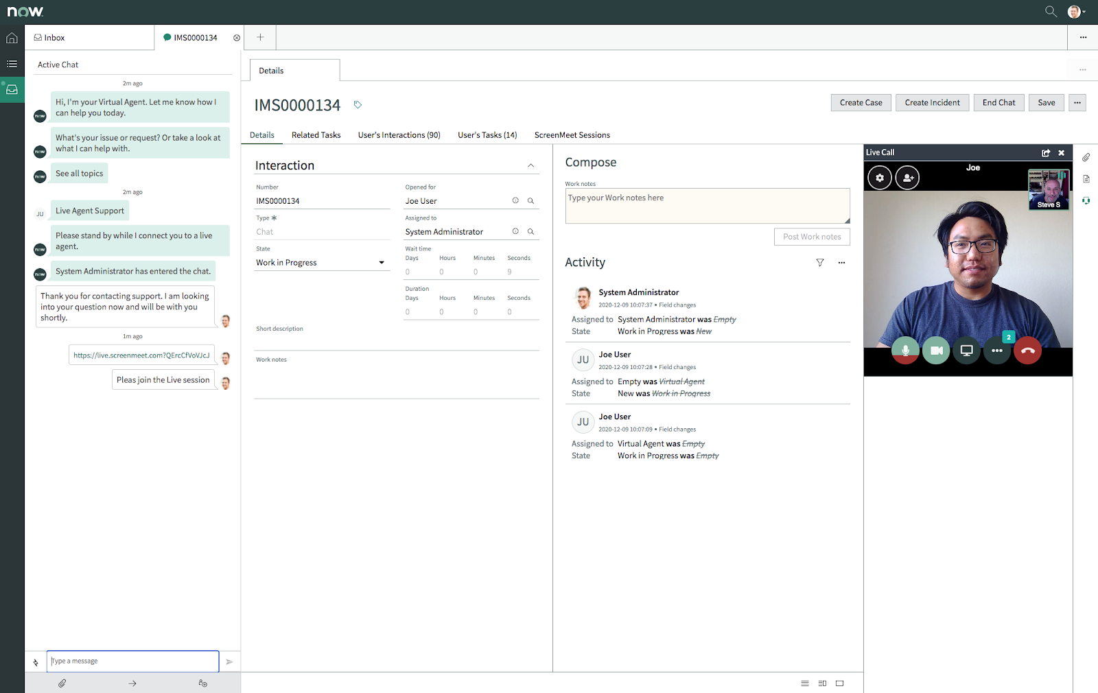ServiceNow support interface with virtual agent chat, live agent takeover, and video call session in progress with user and support rep.