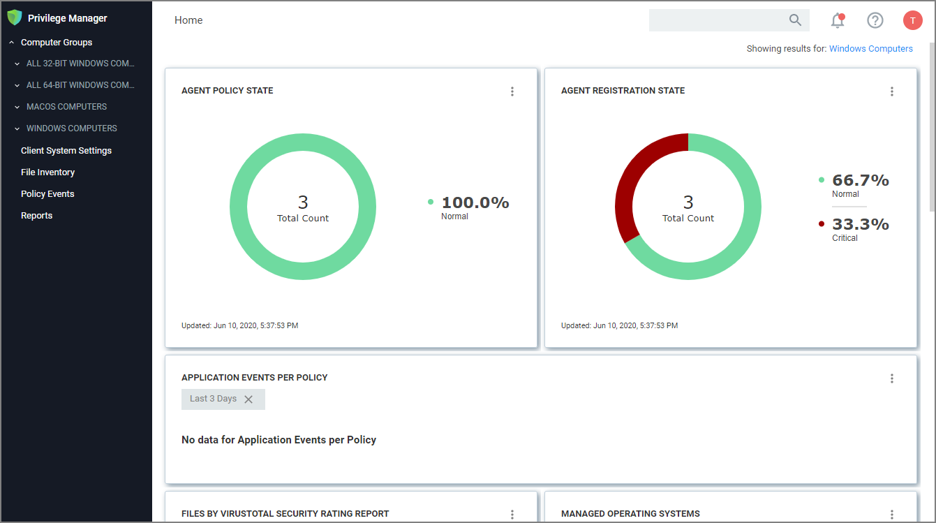 Privilege Manager dashboard showing agent policy and registration states, with pie charts indicating 100% normal policy state and 66.7% normal, 33.3% critical registration state.