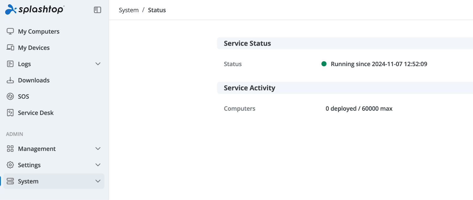 Splashtop dashboard showing system status as running and zero computers deployed out of 60,000 maximum.