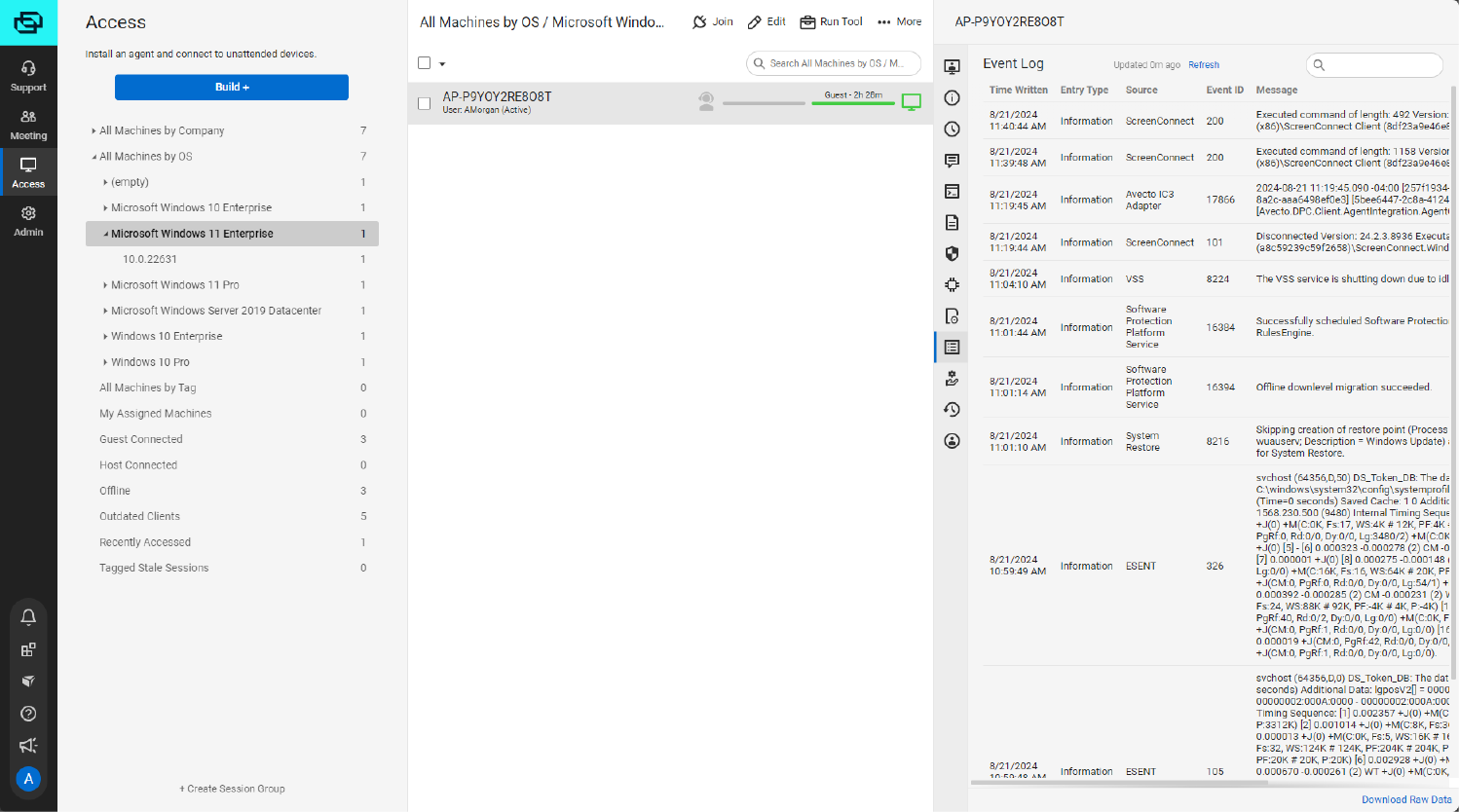 ConnectWise Control interface showing machine list by OS, active session details, and event log for a Windows 11 Enterprise device.