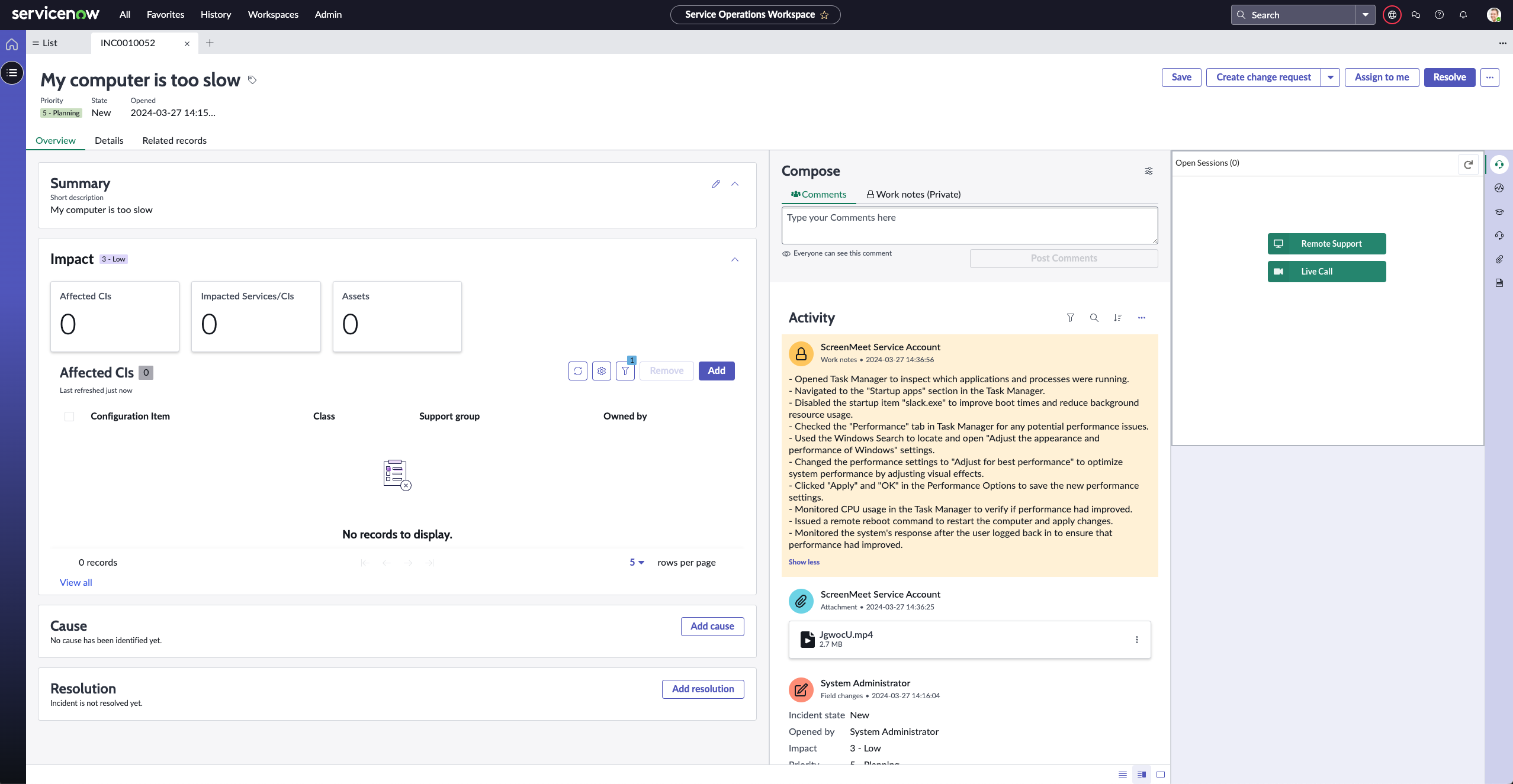 Technician view showing remote support session launched directly from ServiceNow incident