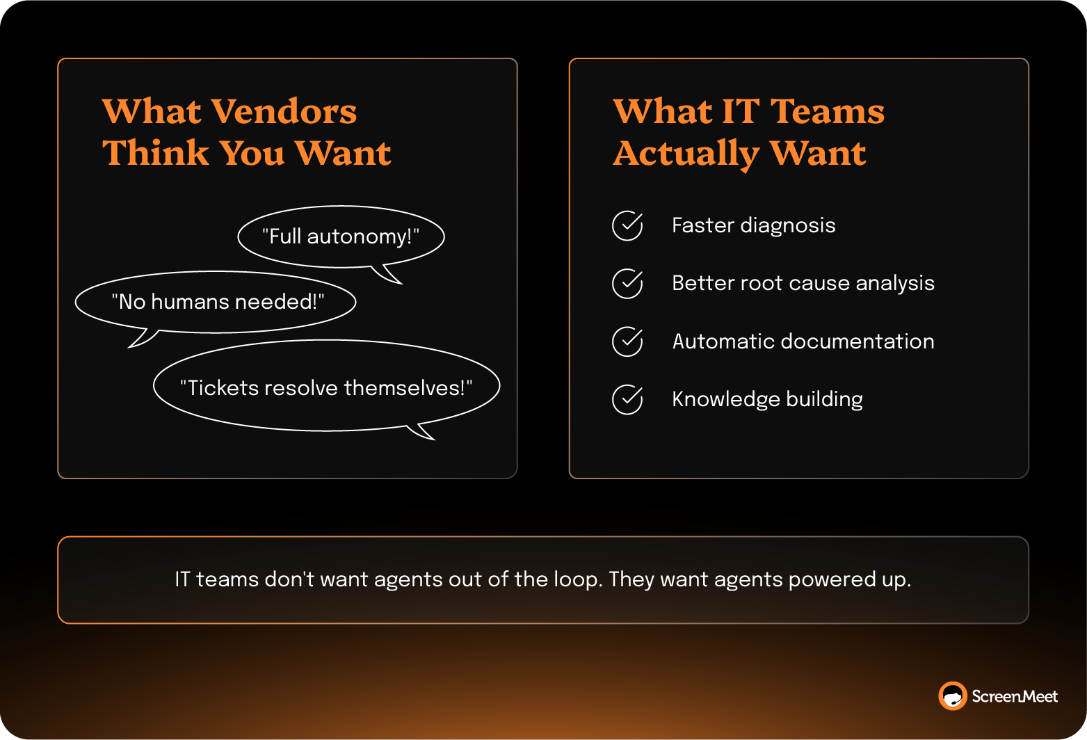 Two-panel comparison: vendors promise full autonomy, while IT teams want faster diagnosis, root cause analysis, documentation, and knowledge building.