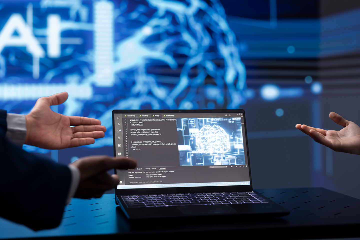 IT specialists reviewing AI adoption metrics during an enterprise IT support strategy meeting