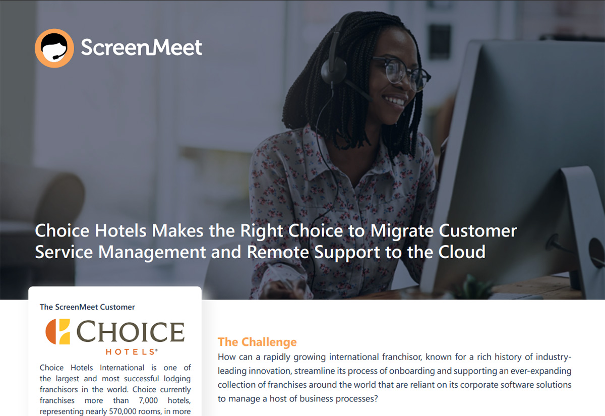 Choice Hotels case study page featuring ScreenMeet remote support and ServiceNow CSM for distributed franchise support