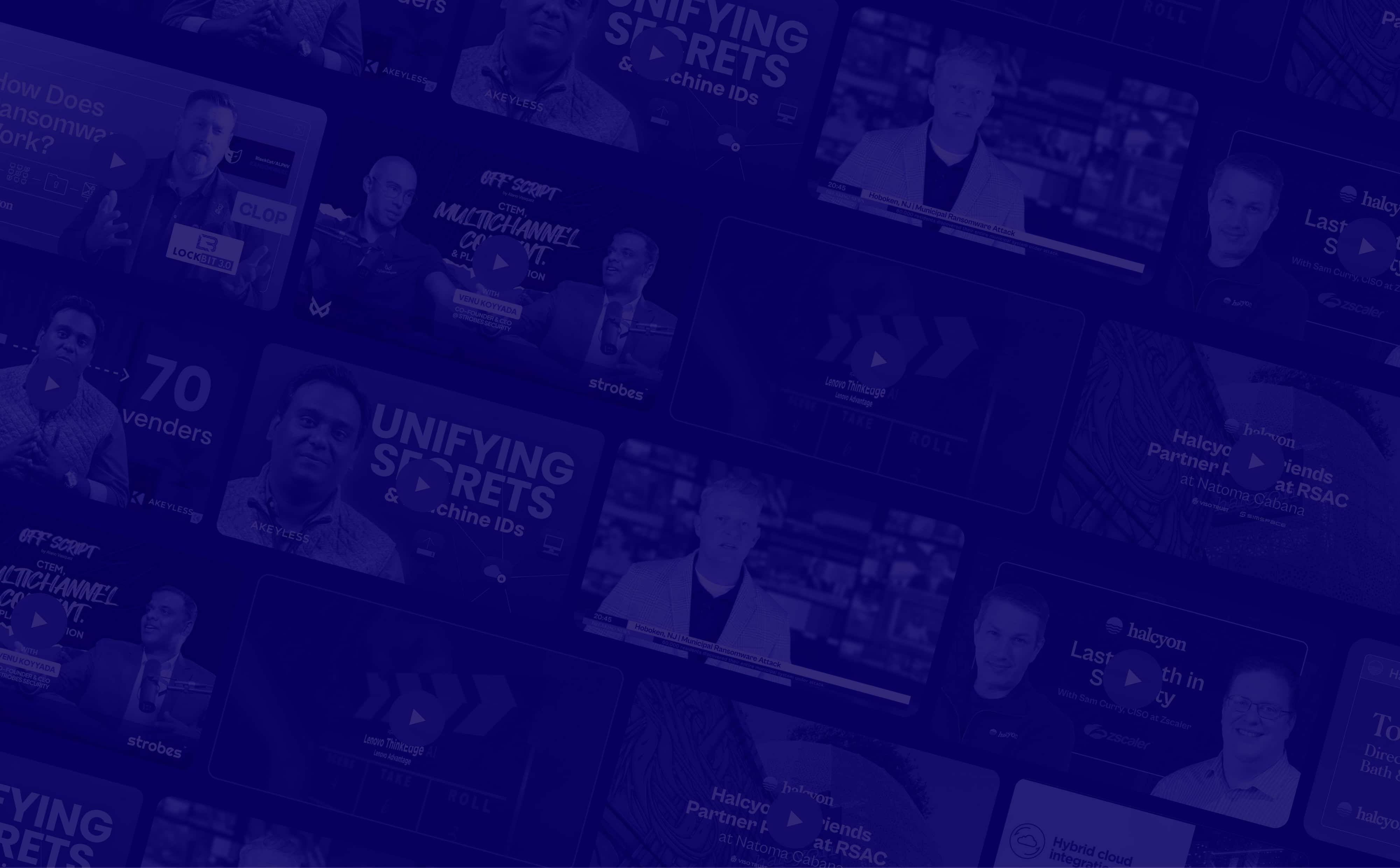 Collage of various cybersecurity webinar and interview thumbnails featuring tech professionals and security topics.