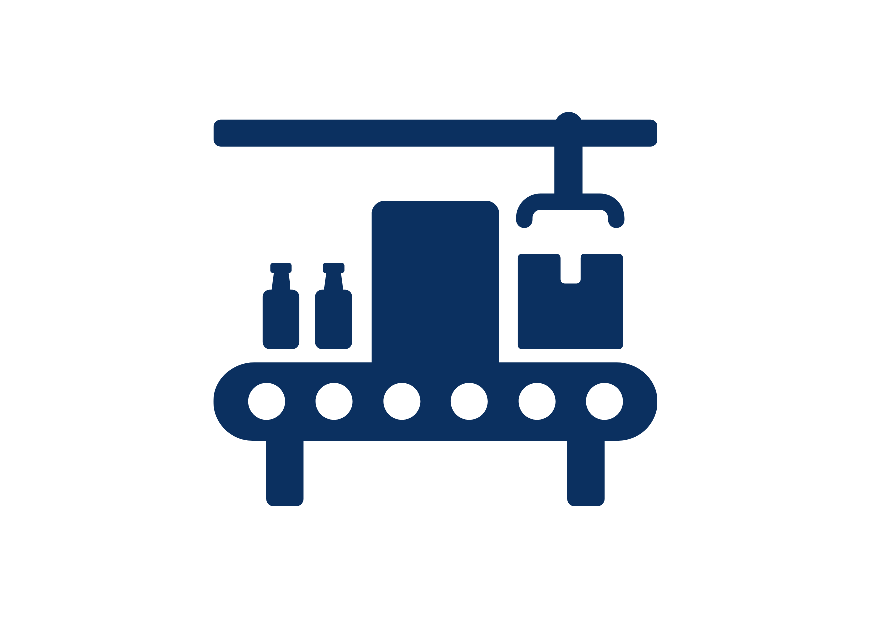 Icon of a conveyor belt with bottles and a robotic arm placing a box on the belt.