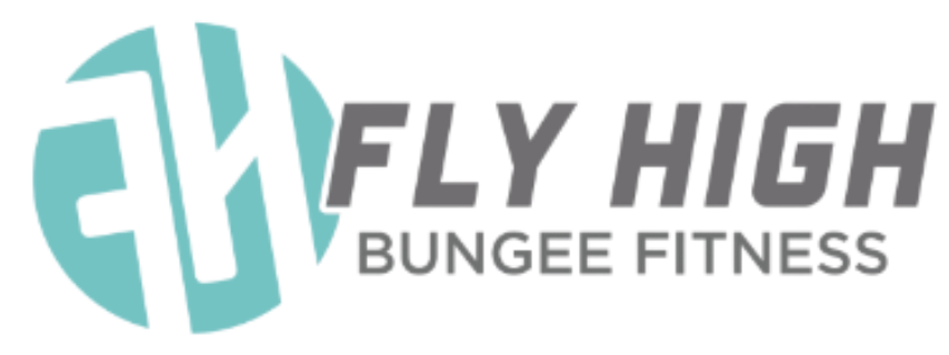Logo for "Fly High Bungee Fitness" on a black background. Stylized "FH" in turquoise circle, with bold gray lettering conveying a sense of energy and motion.