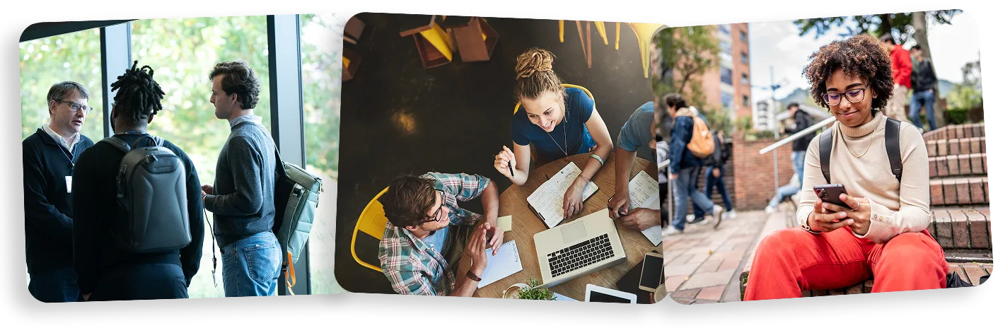 Three images: group of people having a discussion by a window, students collaborating around a table with a laptop and notebooks, and a young woman sitting on outdoor steps using a smartphone.