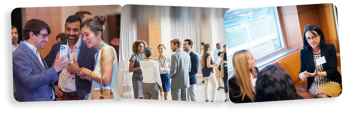 Three scenes showing diverse professionals networking and conversing at a conference or business event.