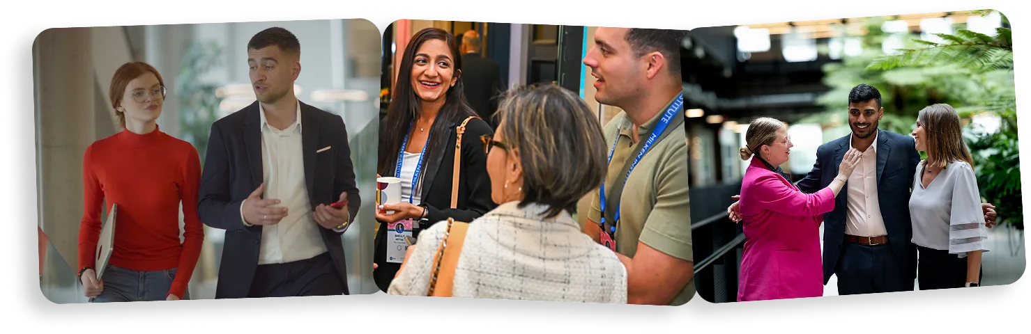 Three scenes of diverse professionals engaging in conversation and networking in business casual attire.