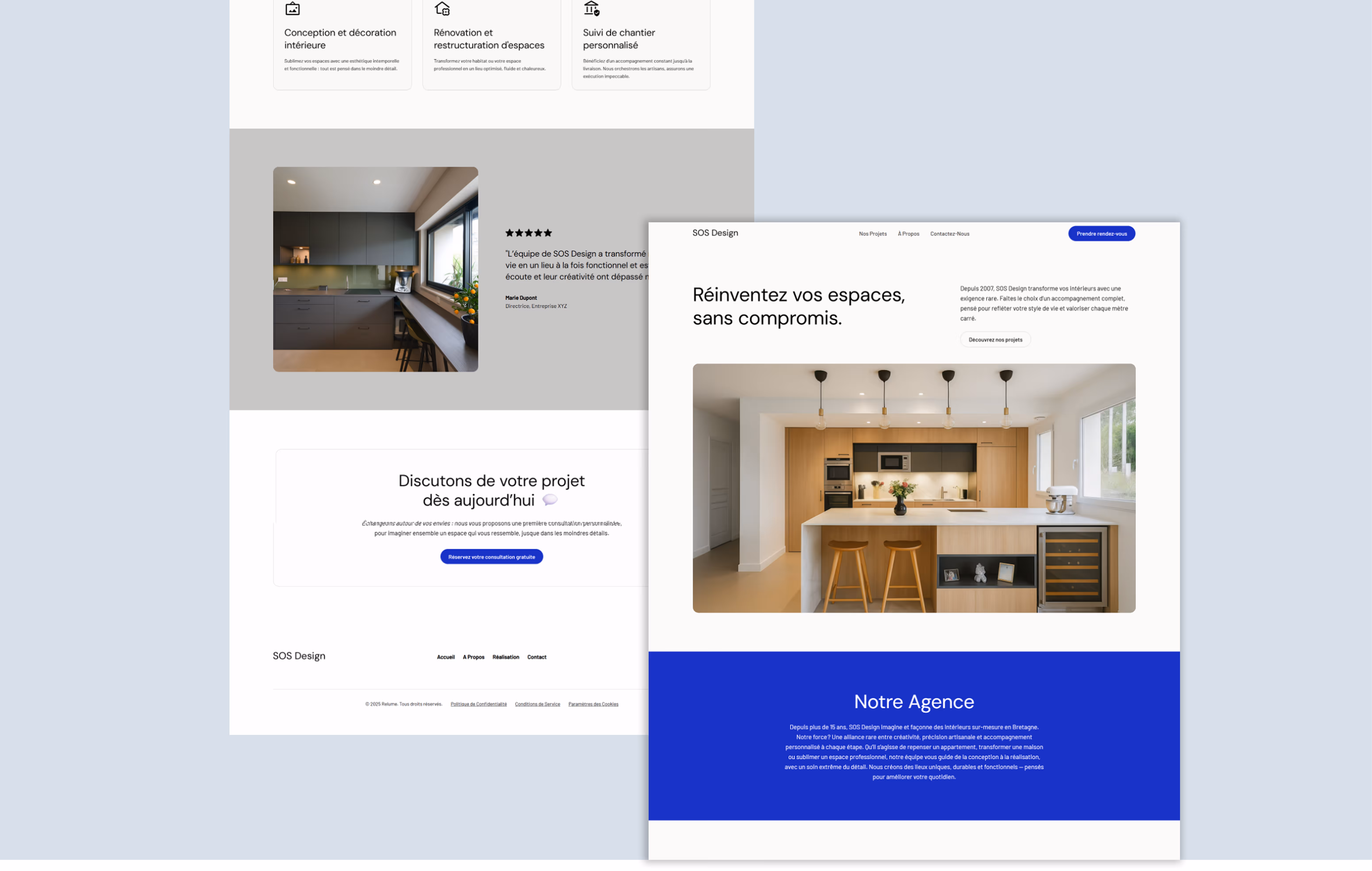 Maquette de site Webflow pour architecte d’intérieur, présentant page d’accueil avec projets, témoignages clients et présentation d’agence.