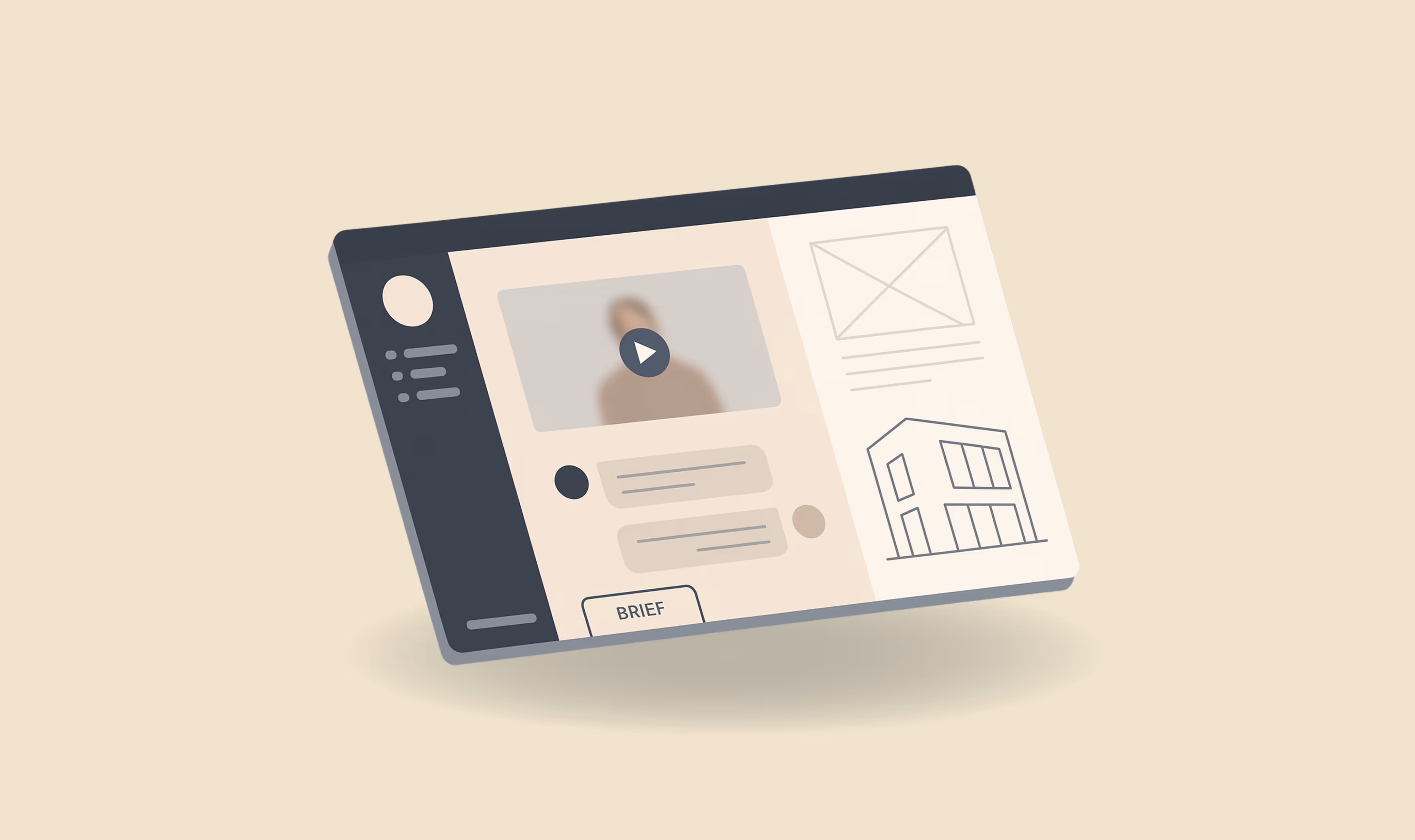 Illustration de maquette d’interface Webflow pour site d’architecte, avec aperçu vidéo et plan de maison.