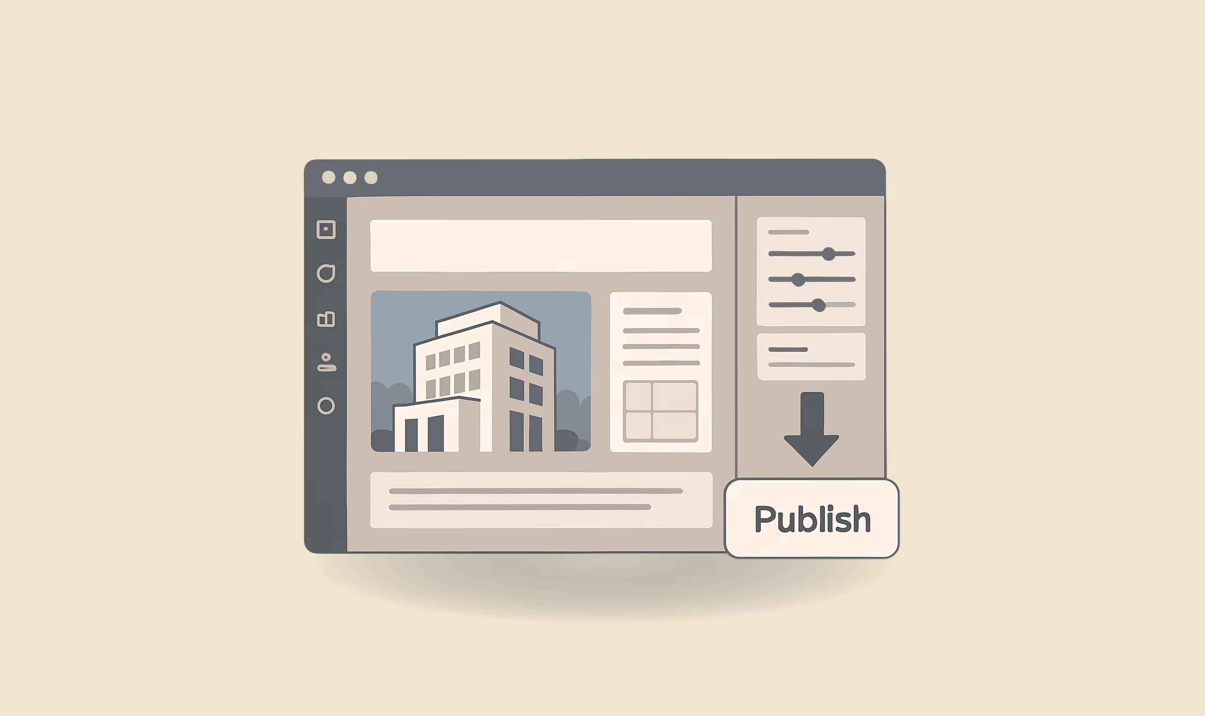 Illustration de l’éditeur Webflow affichant la maquette d’un site d’architecte avec bouton de publication.