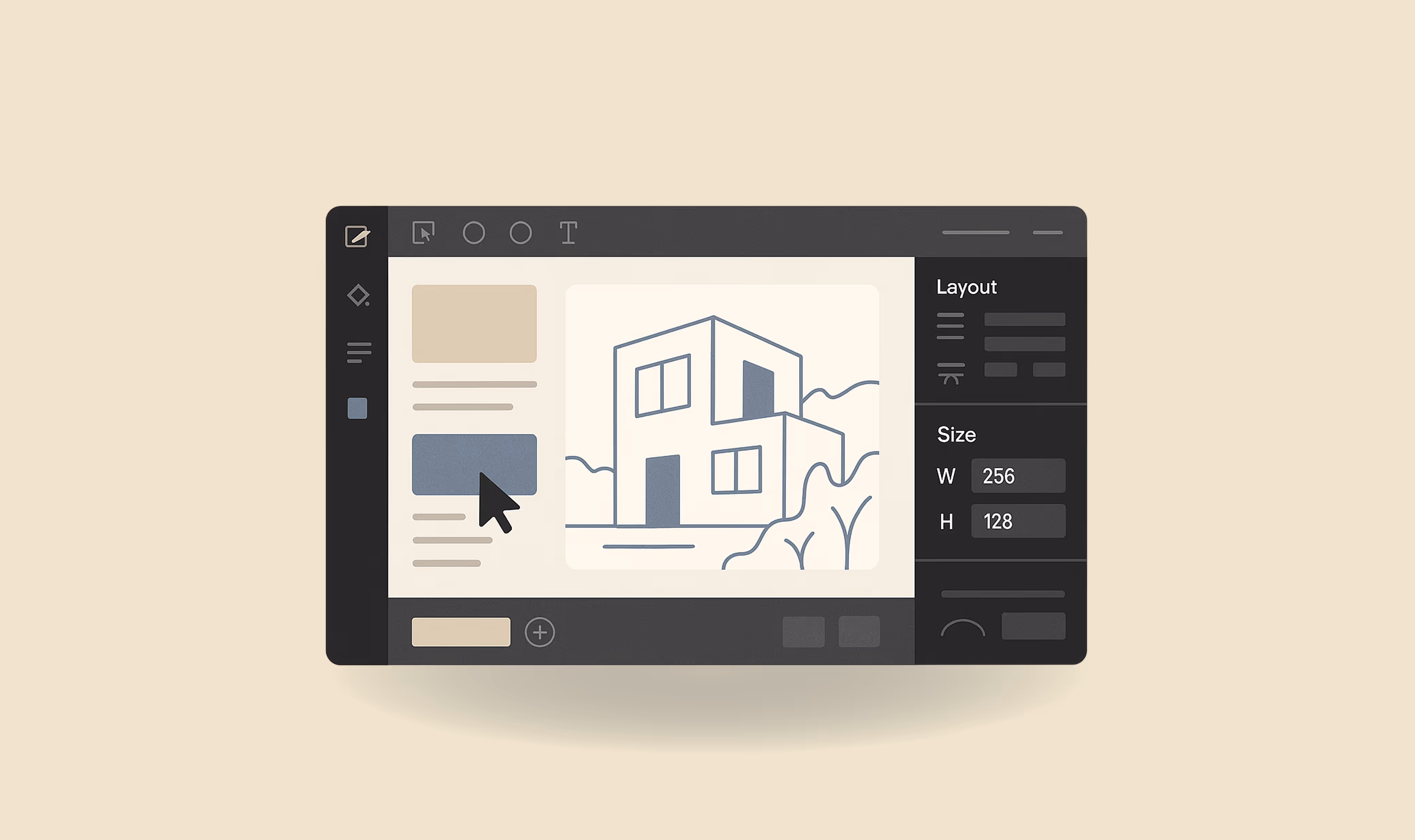 Illustration d’édition d’un site Webflow pour architecte, avec interface de personnalisation et dessin de maison moderne.