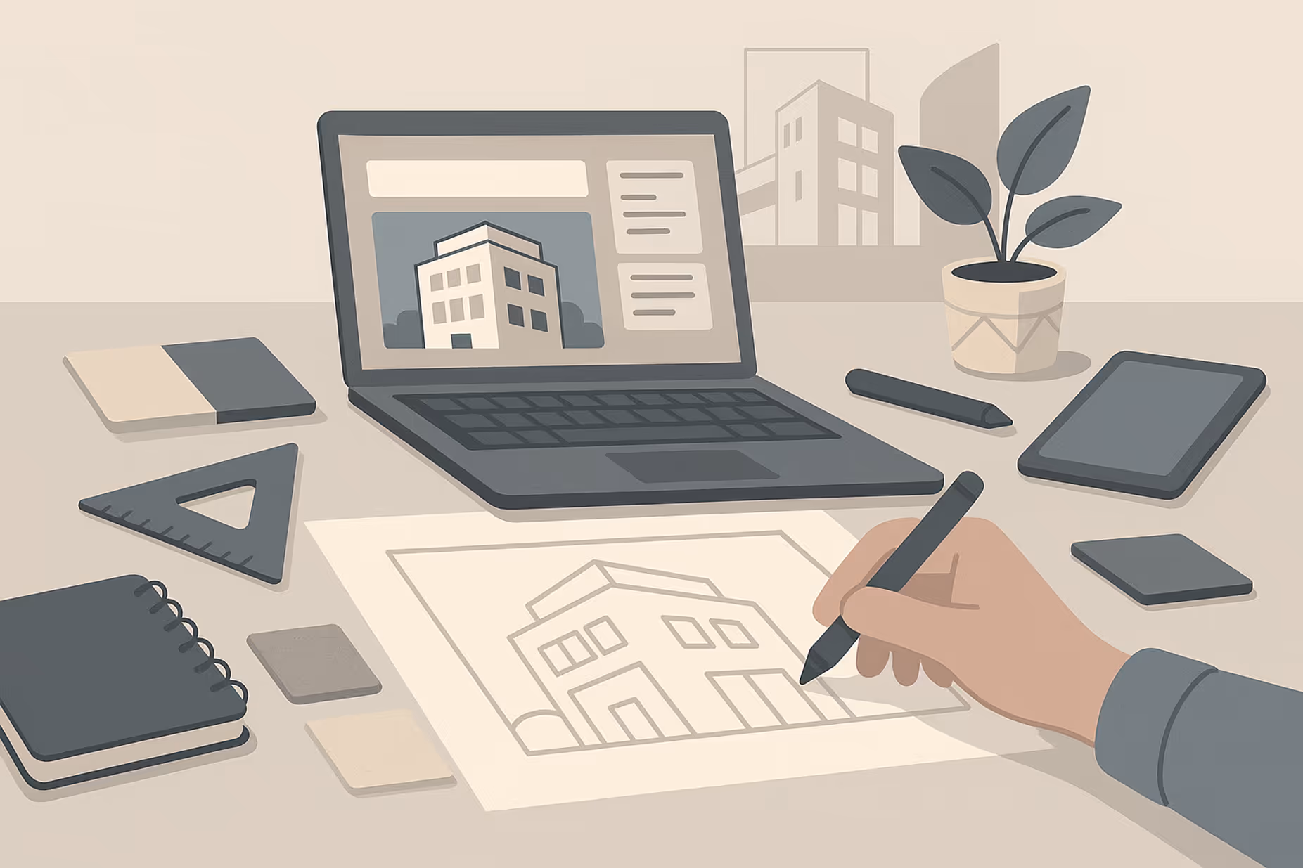 Illustration d’un designer créant un site Webflow pour architecte, combinant dessin de maison et conception numérique.