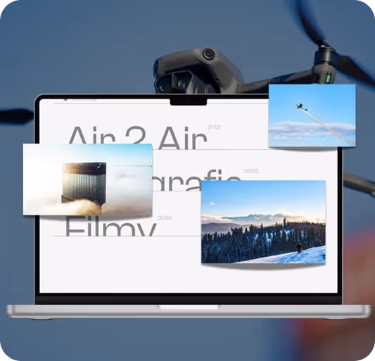 Na ekranie laptopa widać miniatury nagrań z drona, za laptopem widoczny jest dron z rozmazanymi śmigłami.