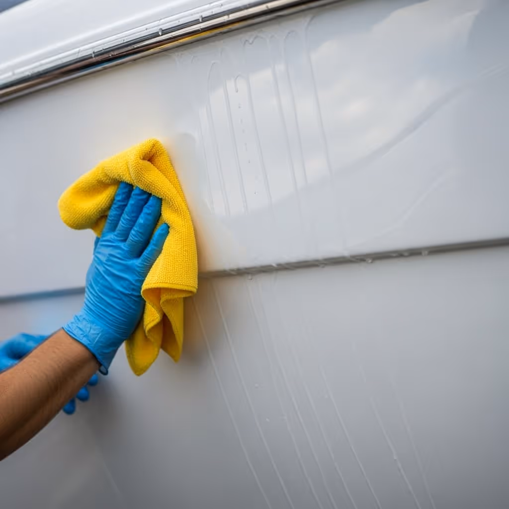 Person wearing blue gloves using a yellow microfiber cloth to clean and detail the side of a white boat.