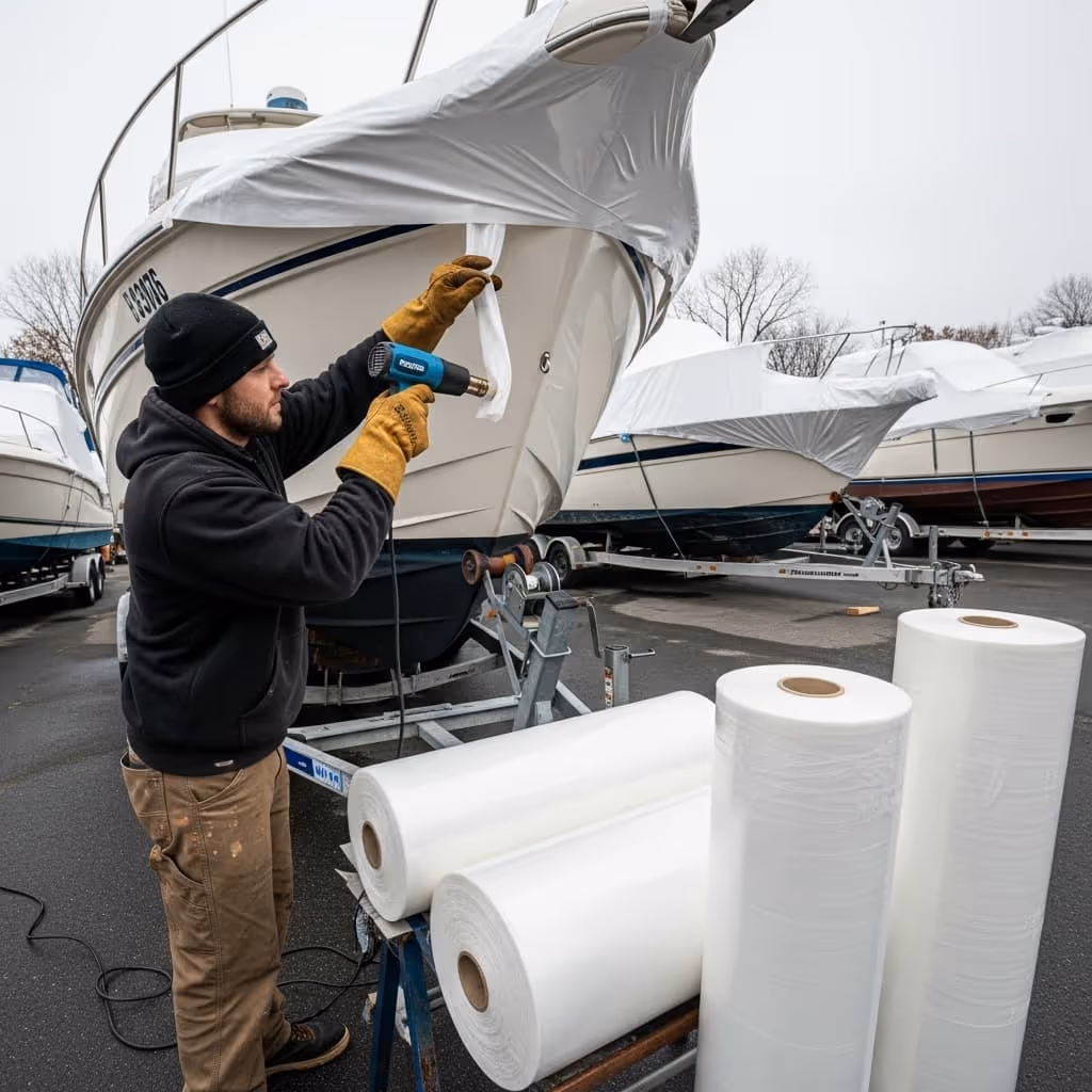 Man performing boat winterization by shrink-wrapping a vessel, surrounded by rolls of protective wrap in a marina setting.