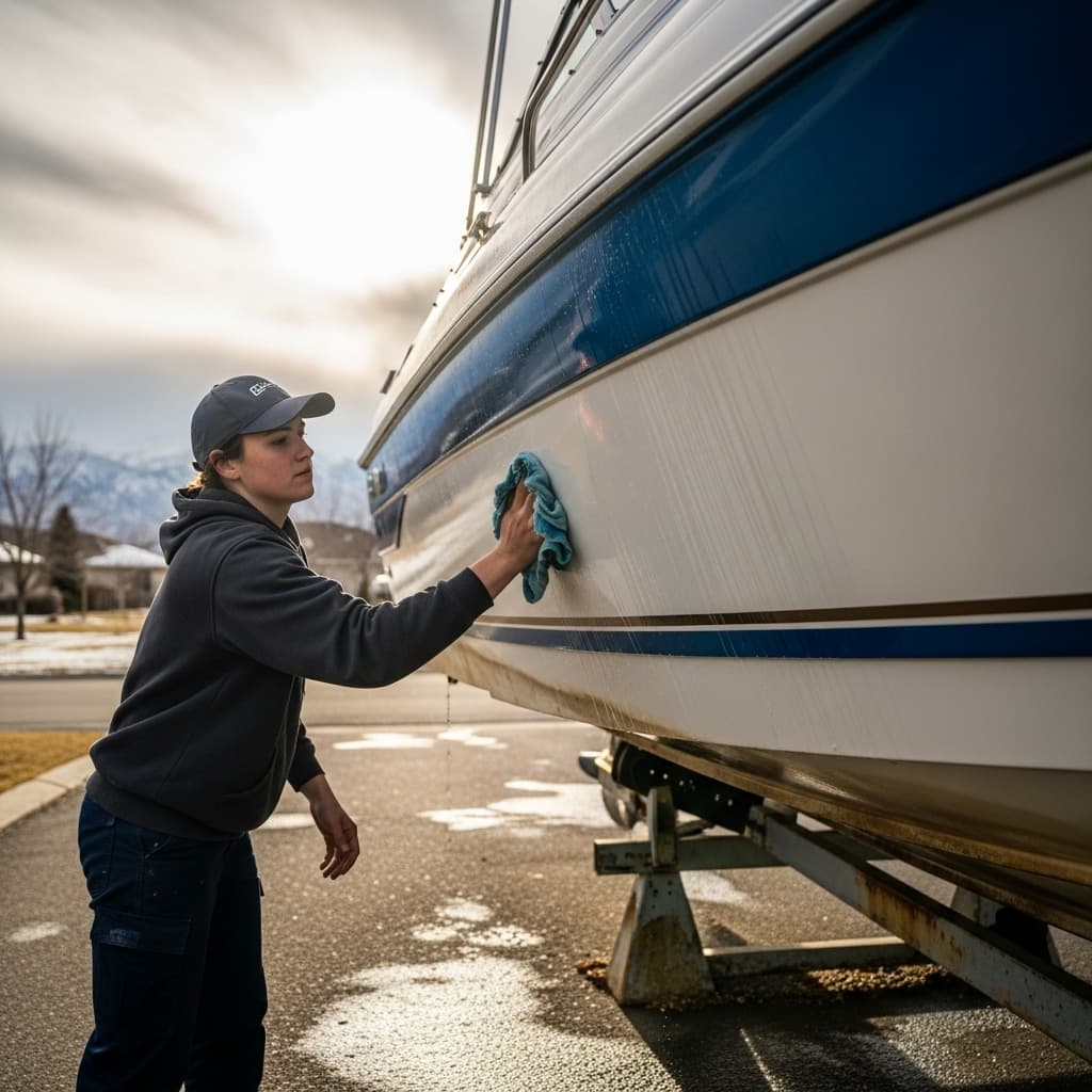 Boat technician wiping down the side of a blue and white boat outdoors in Sandy, Utah, with snow patches on the ground and mountains in the background.