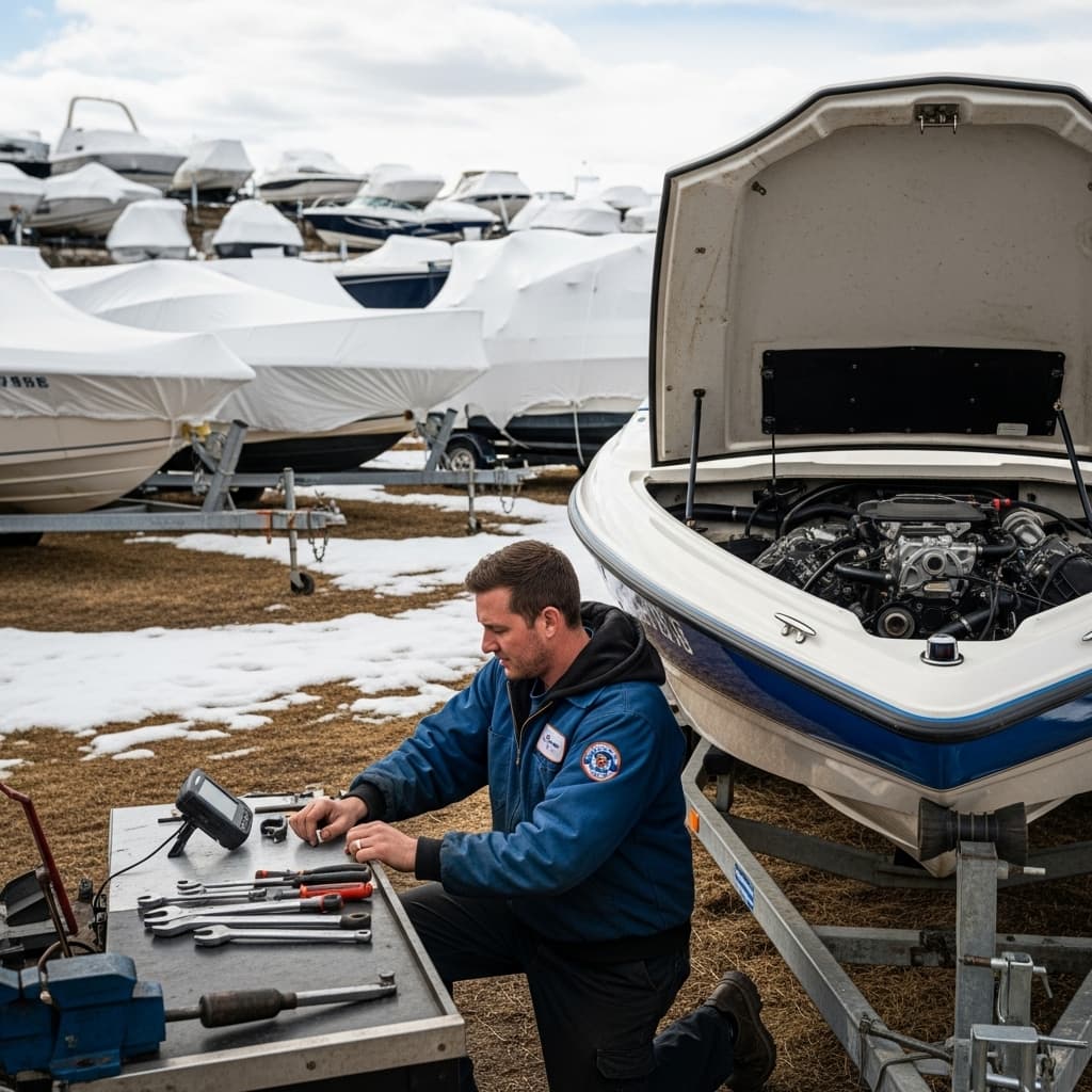 Boat technician working on an engine in an open white and blue boat at a snowy storage yard in South Jordan, Utah, with multiple shrink-wrapped boats in the background.